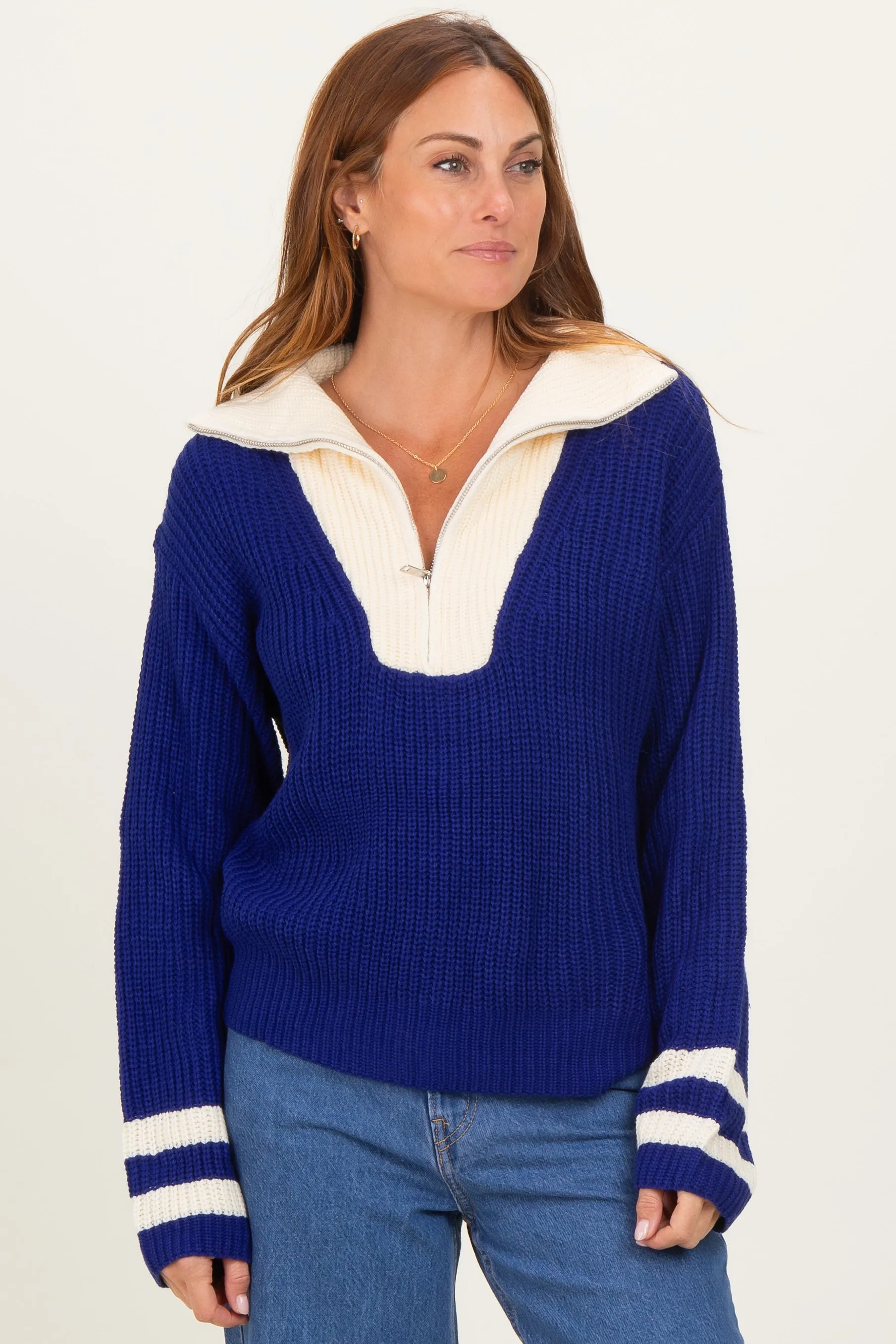 Navy Colorblock Chunky Knit Half Zip Sweater sold by Pinkblush