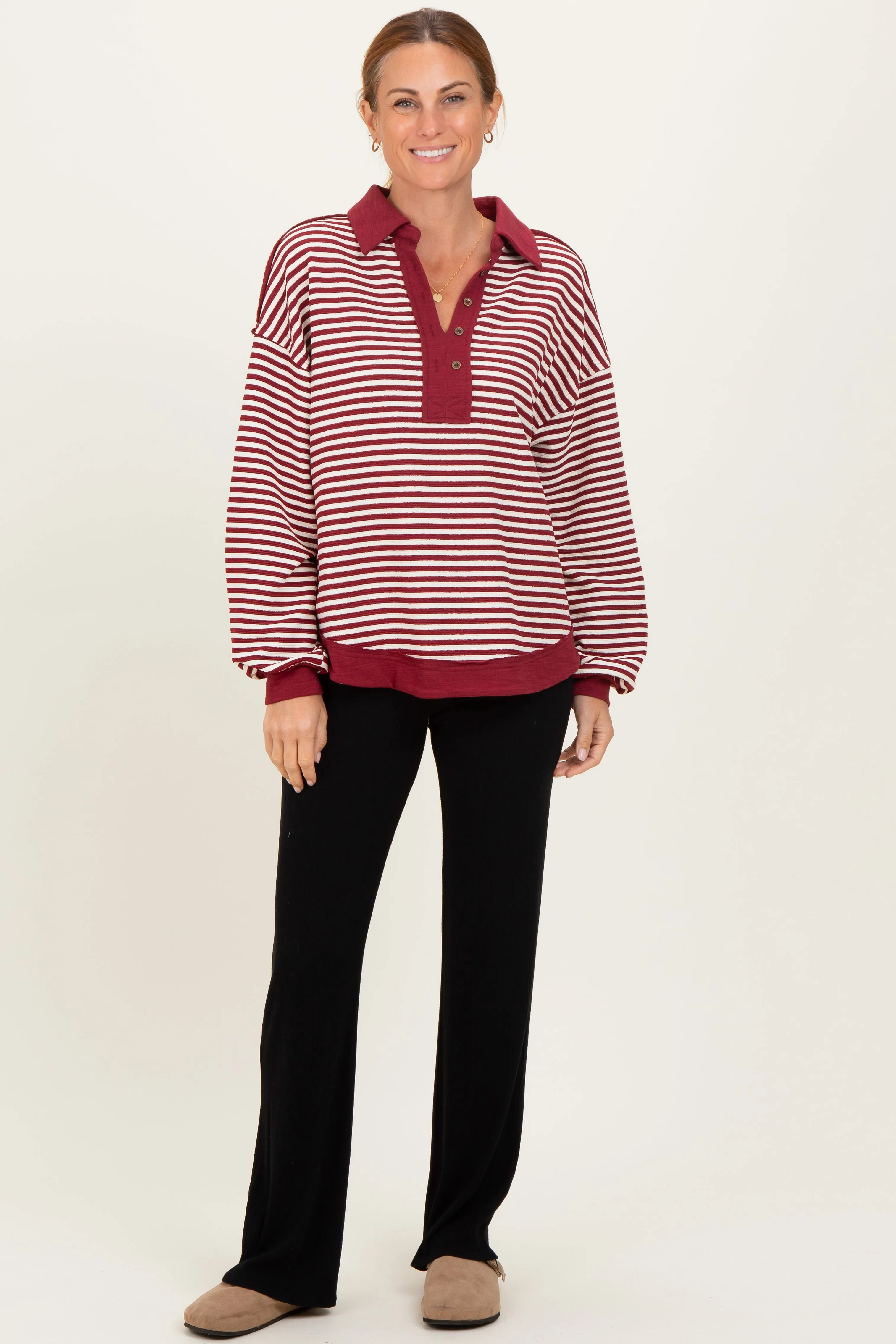 Burgundy Striped Oversized Collared Pullover Top sold by Pinkblush product image thumbnail 2