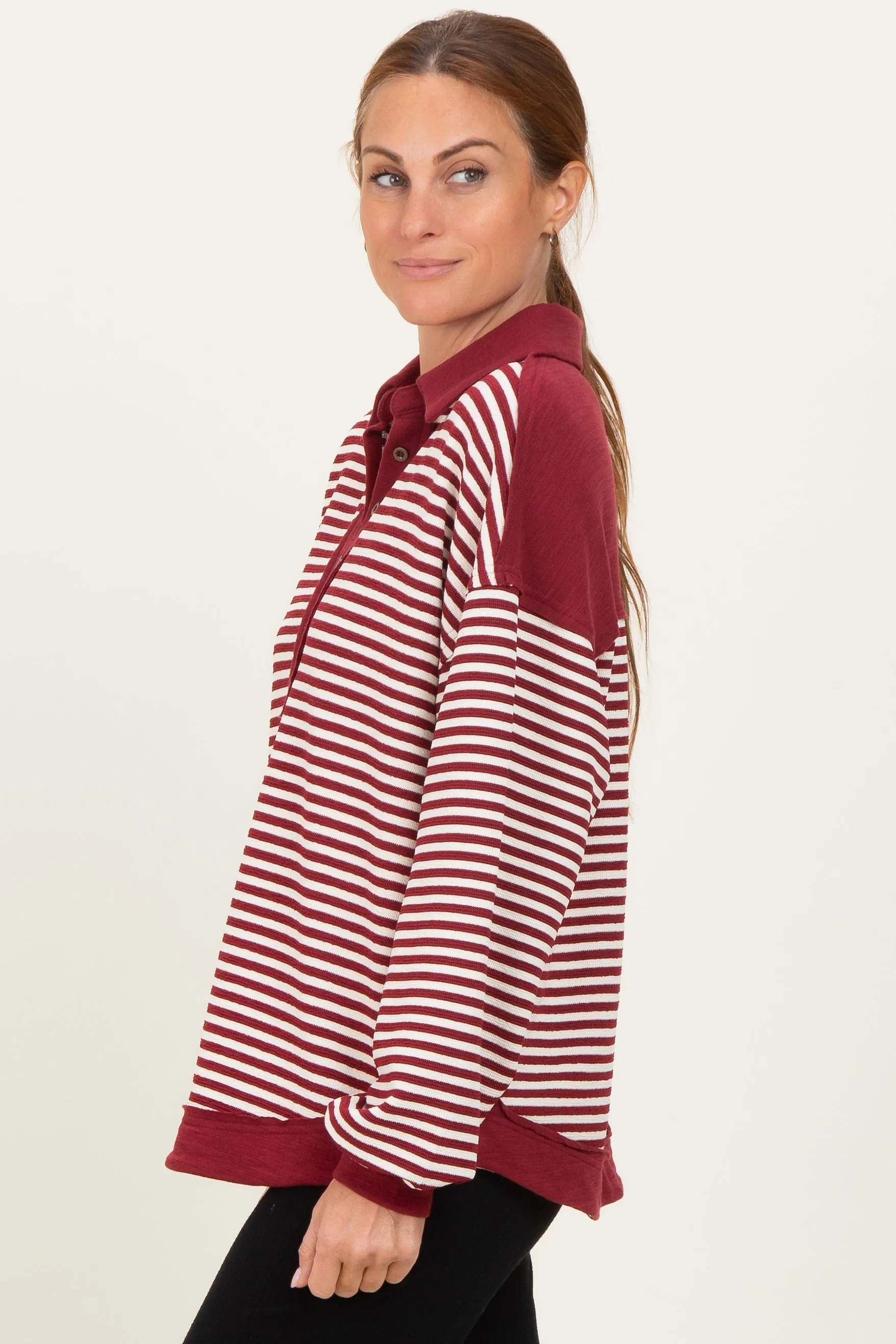 Burgundy Striped Oversized Collared Pullover Top sold by Pinkblush product image thumbnail 3