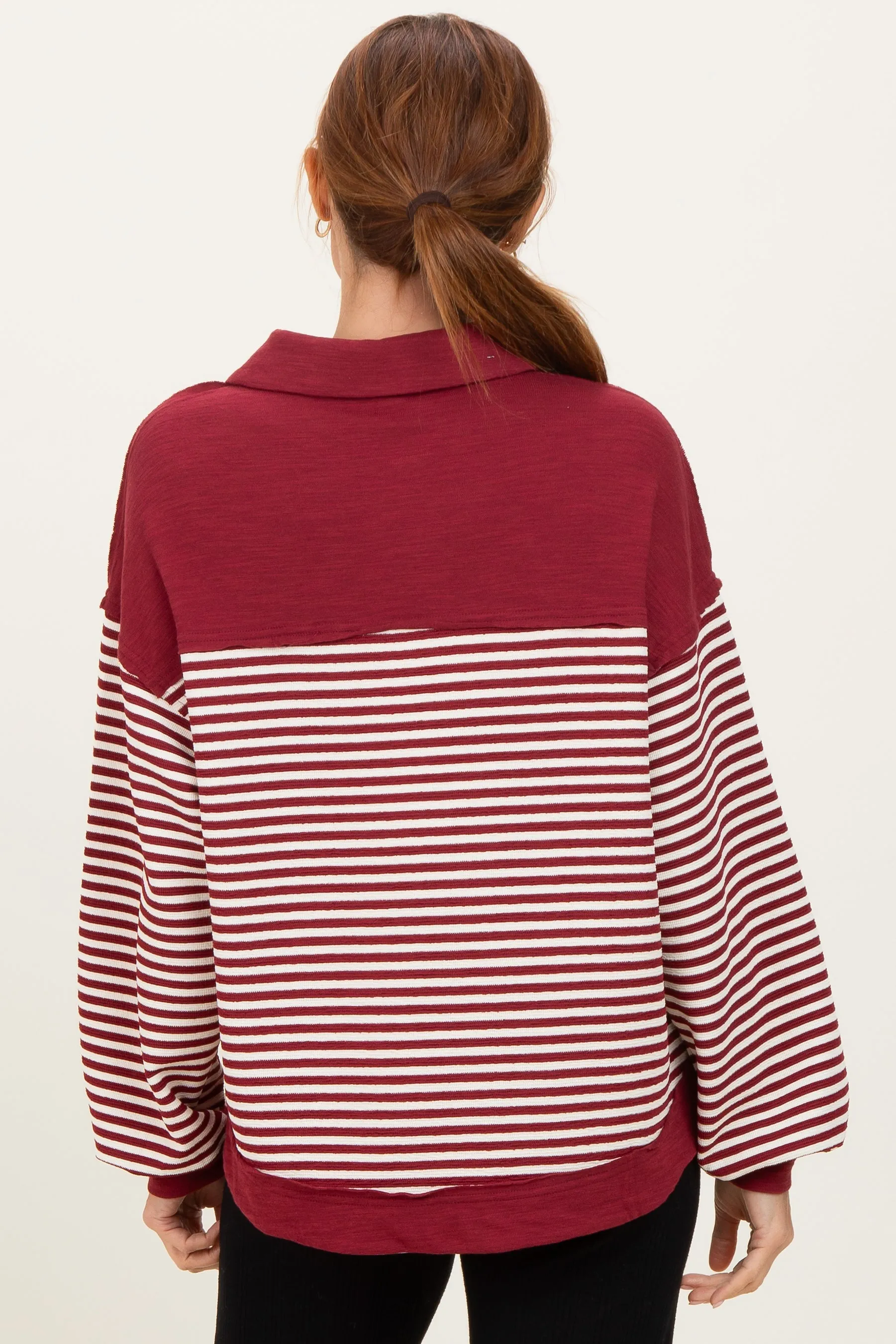 Burgundy Striped Oversized Collared Pullover Top sold by Pinkblush product image thumbnail 4