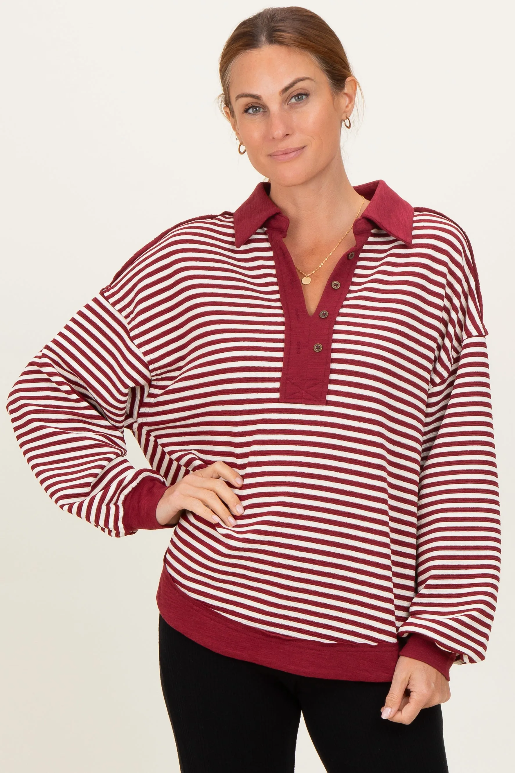 Burgundy Striped Oversized Collared Pullover Top sold by Pinkblush