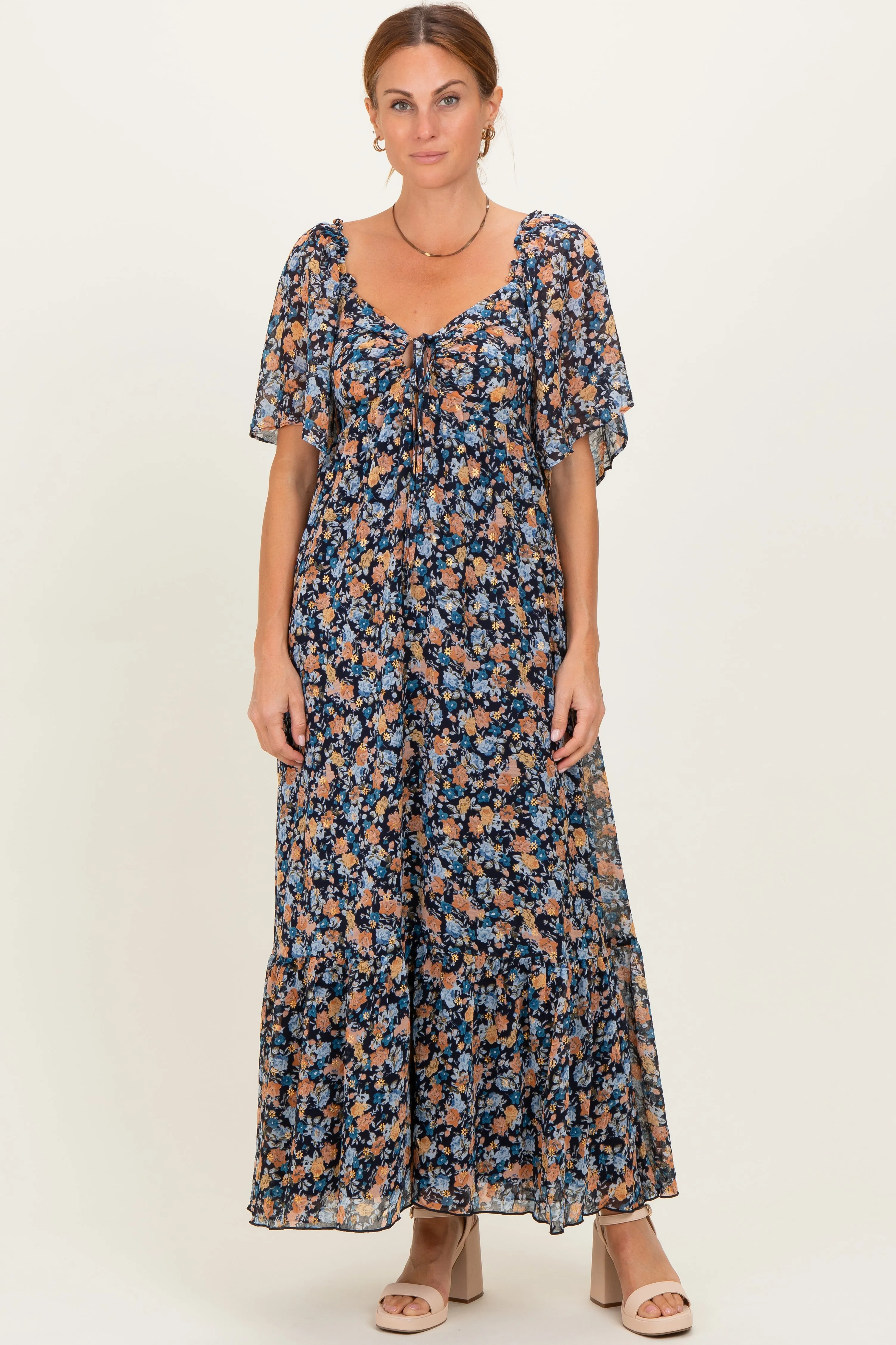 Navy Floral Sweetheart Neck Flutter Sleeve Maxi Dress sold by Pinkblush product image thumbnail 4