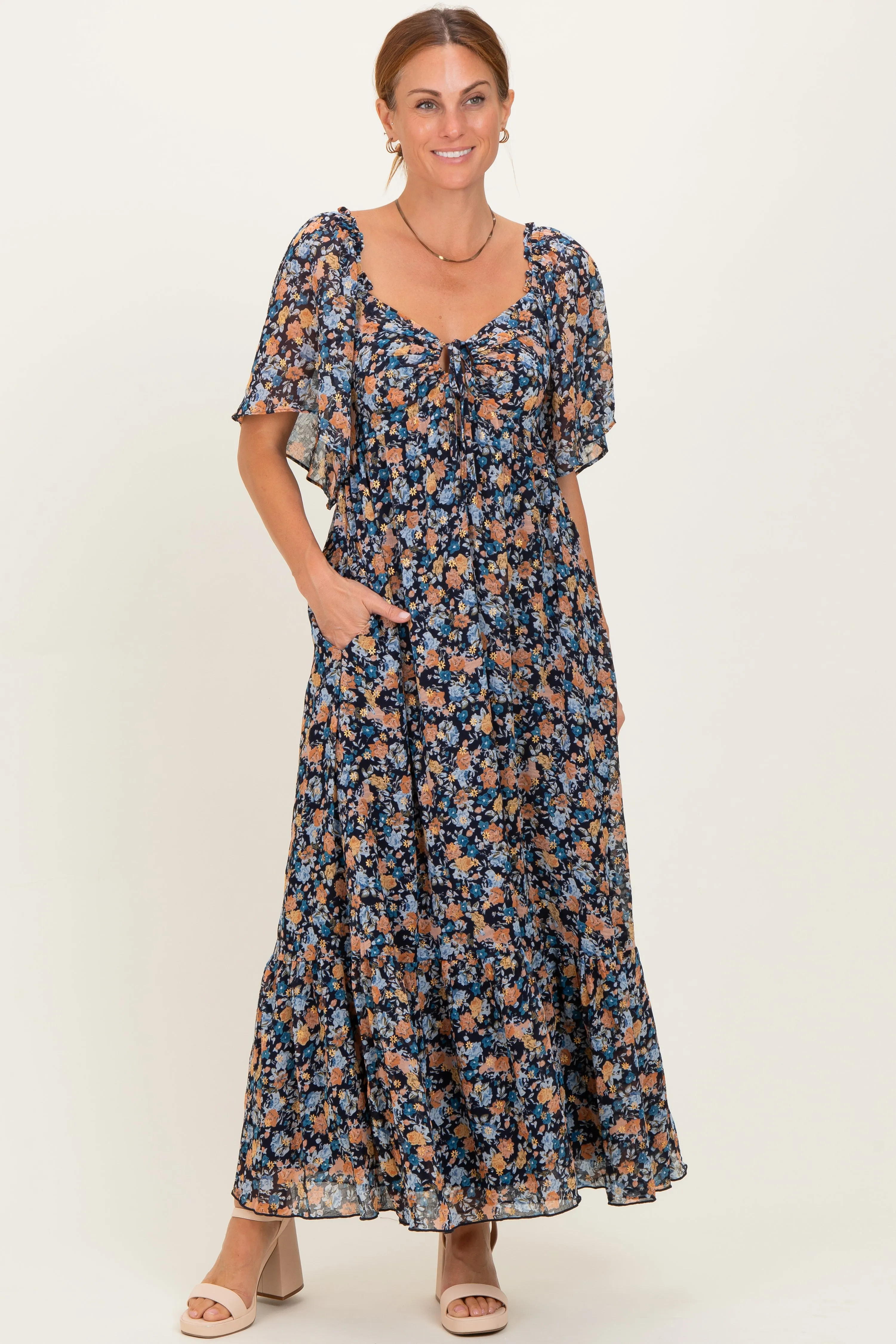 Navy Floral Sweetheart Neck Flutter Sleeve Maxi Dress sold by Pinkblush