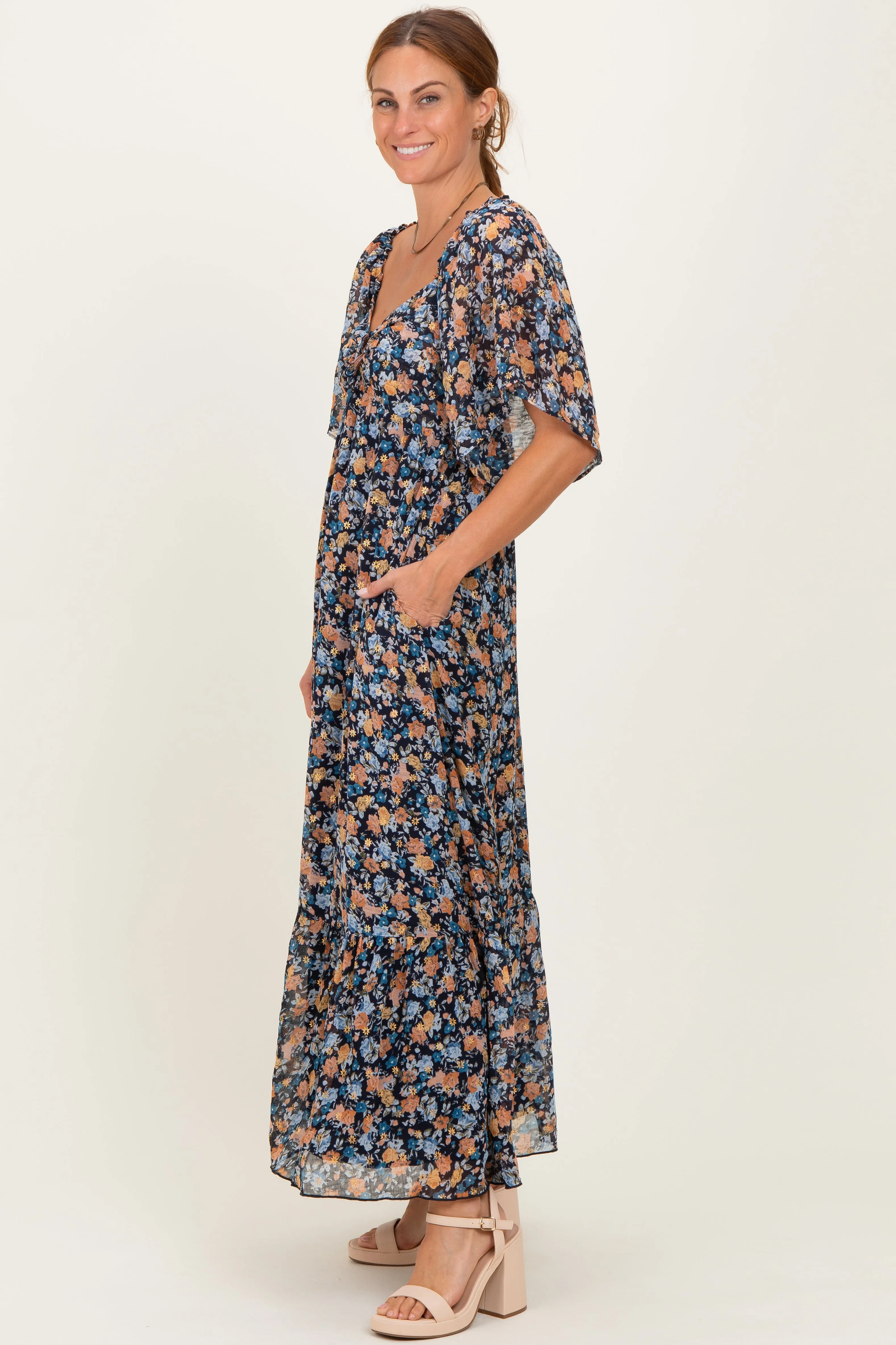 Navy Floral Sweetheart Neck Flutter Sleeve Maxi Dress sold by Pinkblush product image thumbnail 2