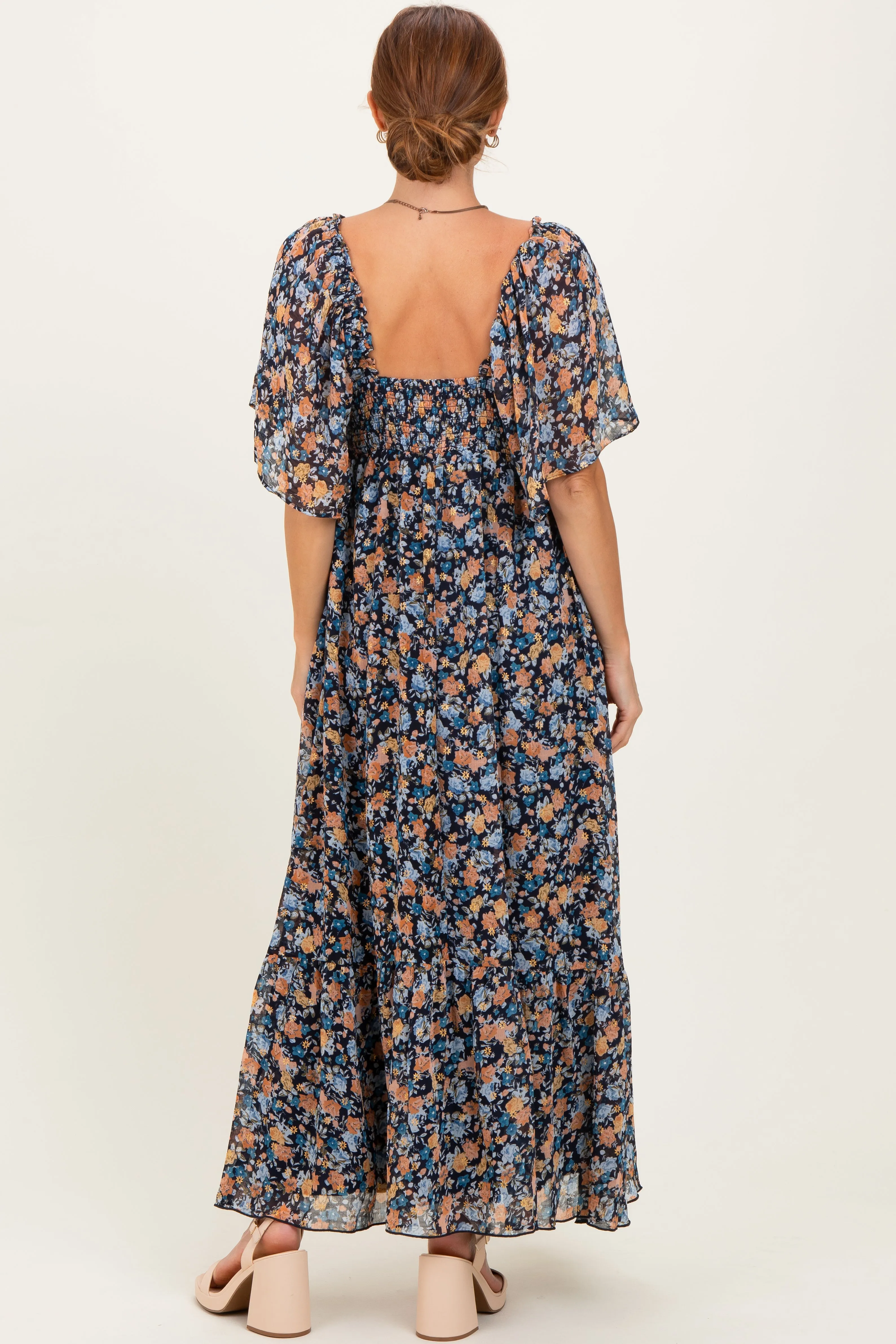 Navy Floral Sweetheart Neck Flutter Sleeve Maxi Dress sold by Pinkblush product image thumbnail 3
