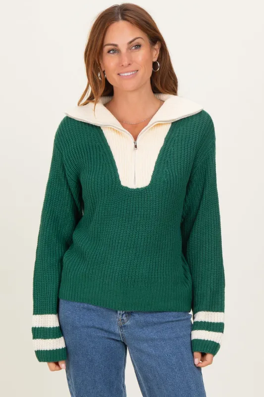 Forest Green Colorblock Chunky Knit Half Zip Sweater sold by Pinkblush