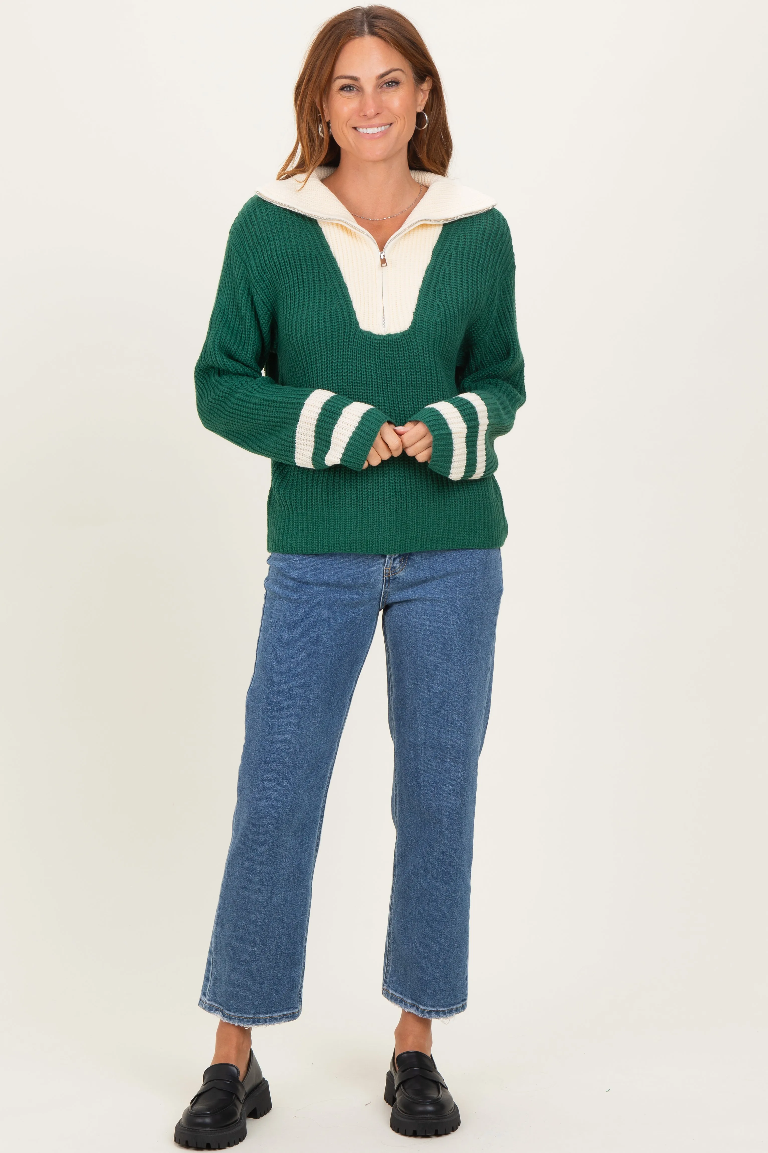 Forest Green Colorblock Chunky Knit Half Zip Sweater sold by Pinkblush product image thumbnail 2