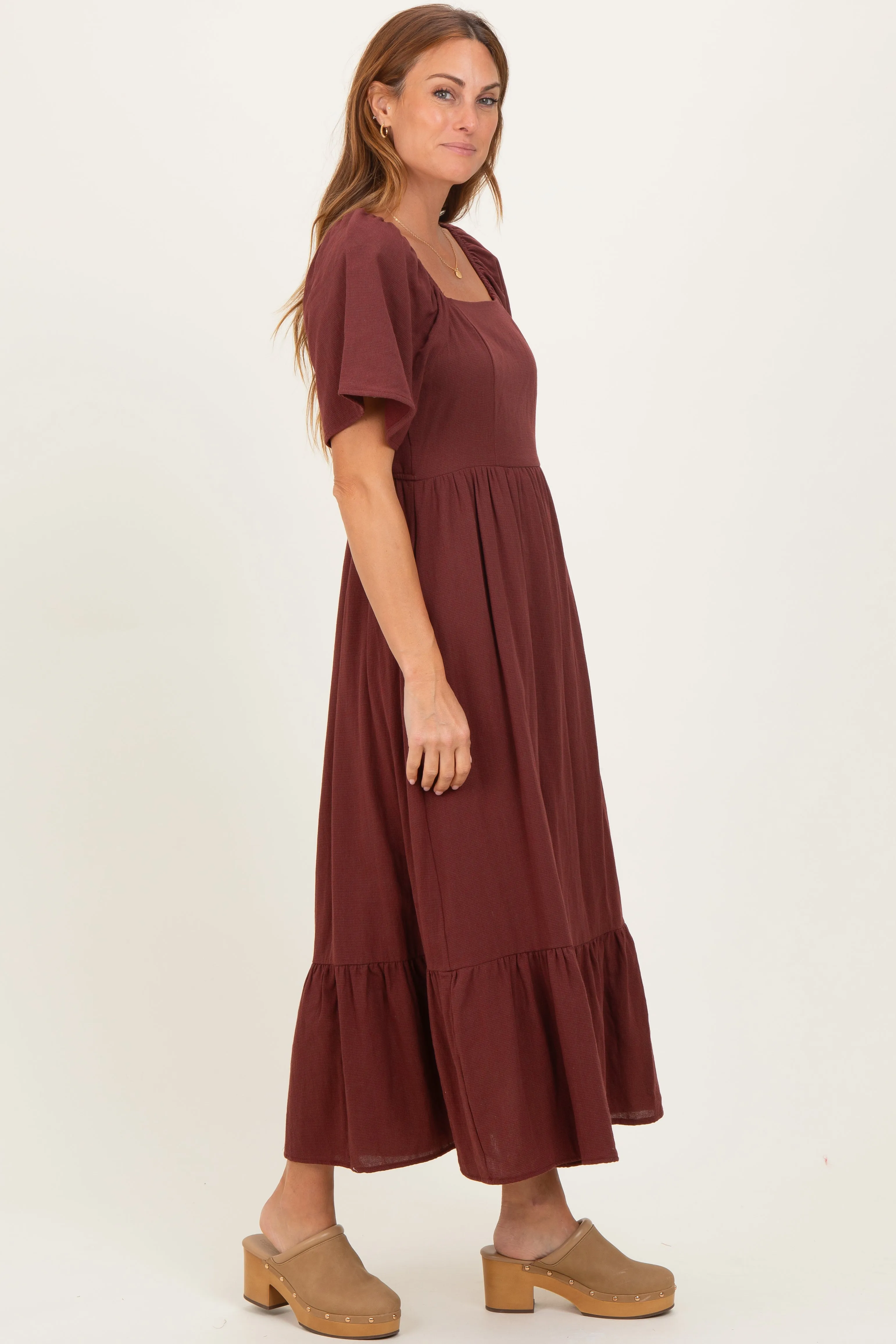 Burgundy Gingham Square Neck Ruffle Midi Dress sold by Pinkblush product image thumbnail 3