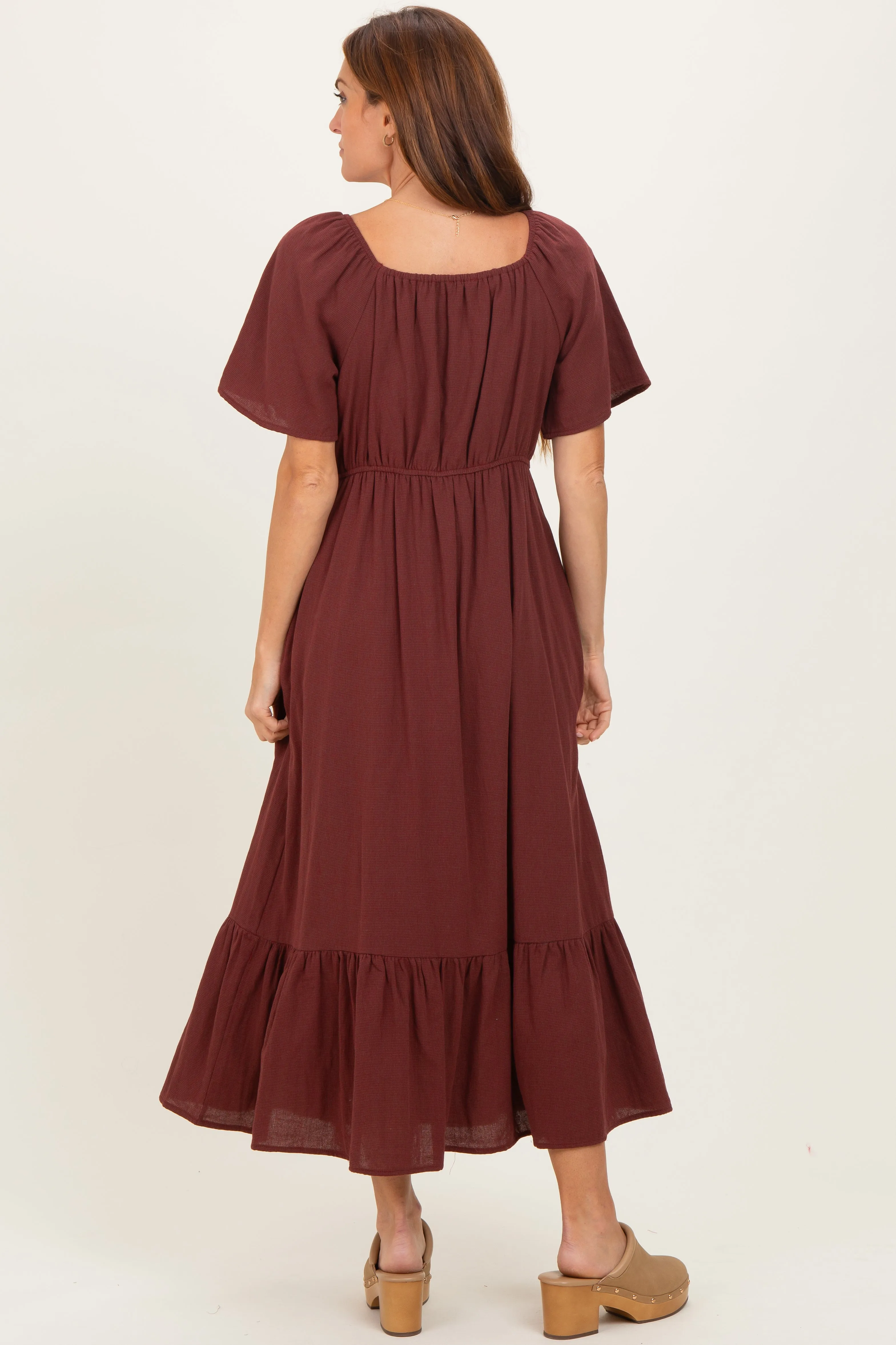 Burgundy Gingham Square Neck Ruffle Midi Dress sold by Pinkblush product image thumbnail 4