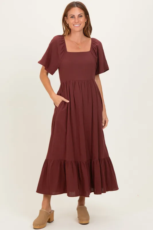 Burgundy Gingham Square Neck Ruffle Midi Dress sold by Pinkblush