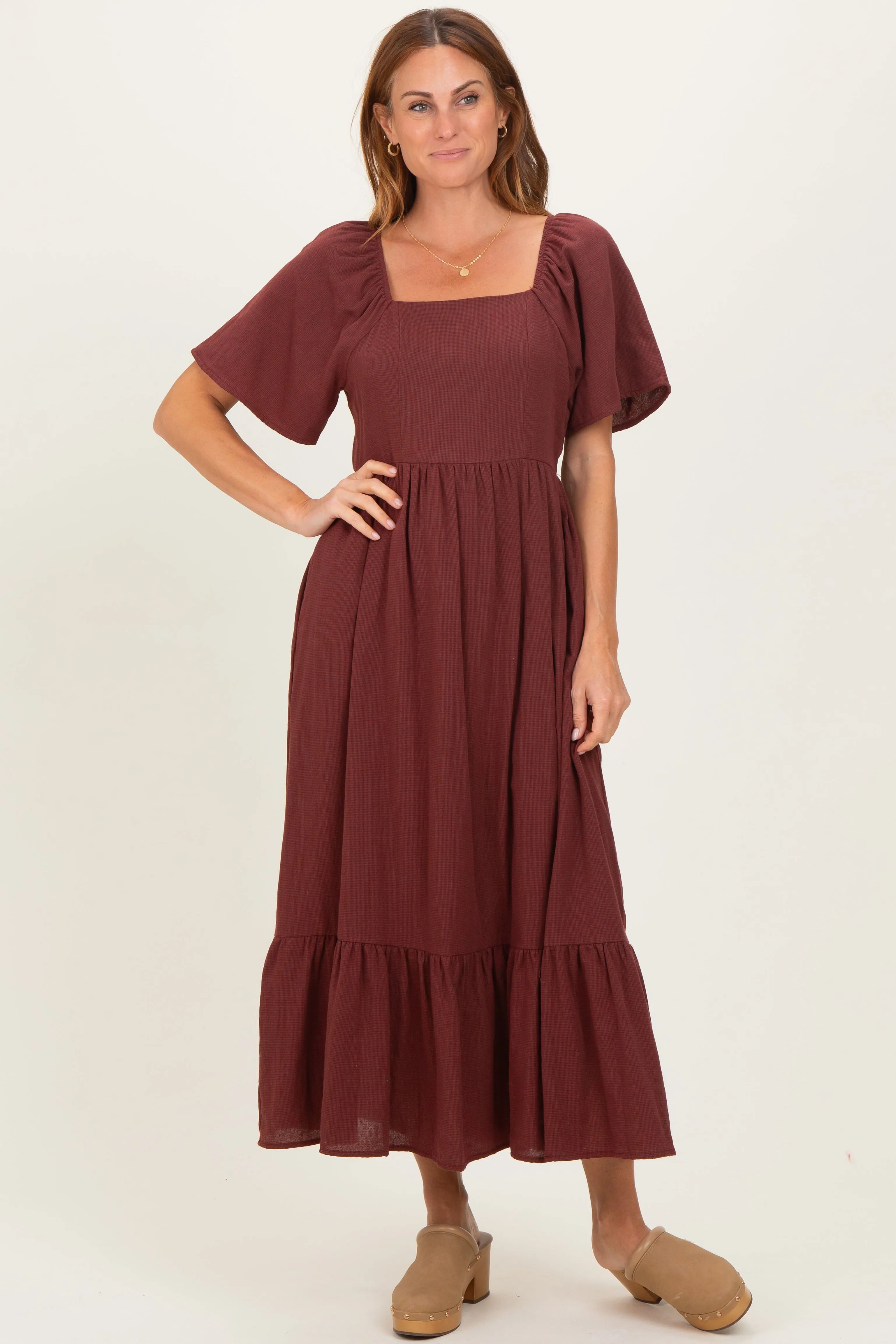 Burgundy Gingham Square Neck Ruffle Midi Dress sold by Pinkblush product image thumbnail 2