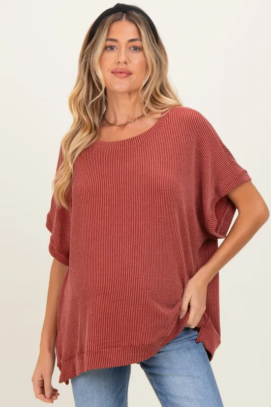 Rust Solid Ribbed Short Sleeve Oversized Maternity Tunic Top sold by Pinkblush