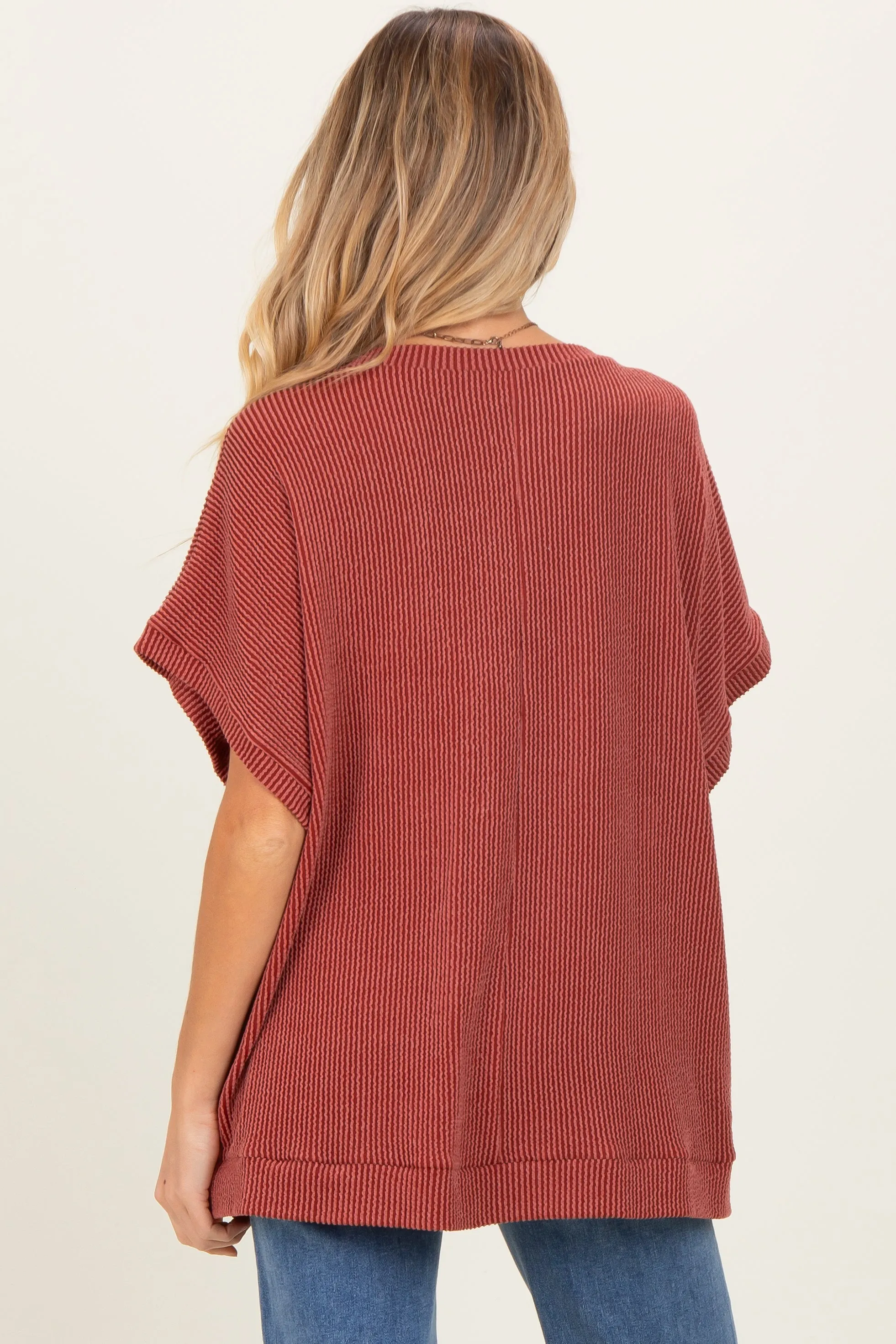 Rust Solid Ribbed Short Sleeve Oversized Maternity Tunic Top sold by Pinkblush product image thumbnail 2