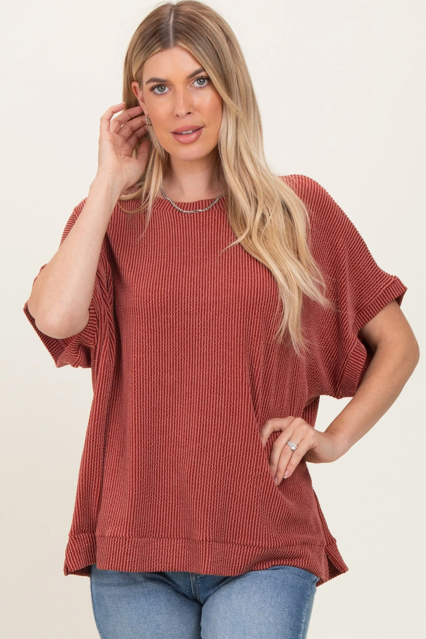 Rust Solid Ribbed Short Sleeve Oversized Maternity Tunic Top sold by Pinkblush product image thumbnail 3