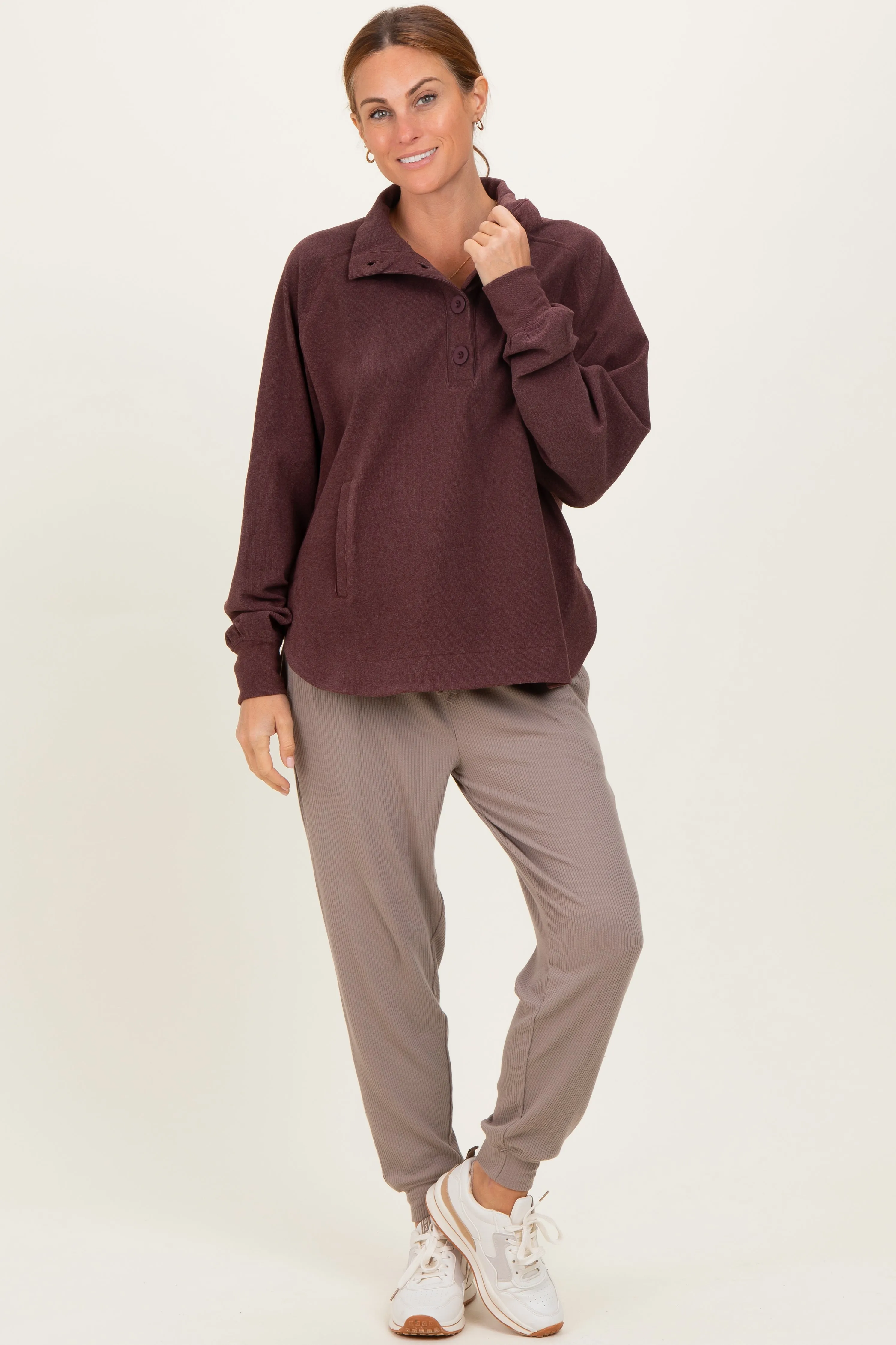 Burgundy Brushed Knit Button Collar Pullover sold by Pinkblush product image thumbnail 2