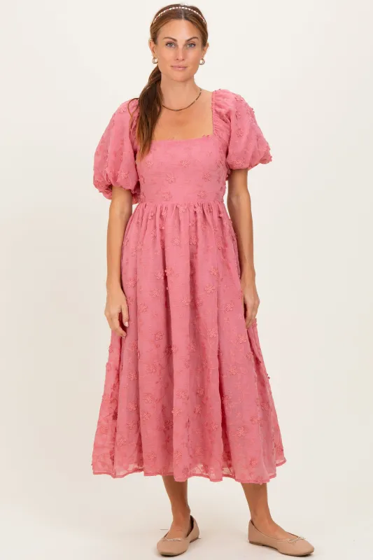 Mauve Embroidered Floral Puff Sleeve Midi Dress sold by Pinkblush