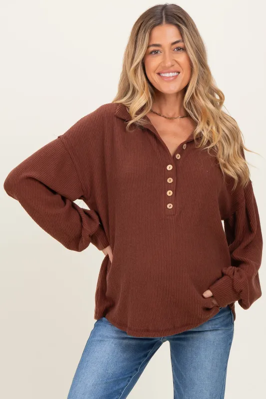 Brown Solid Ribbed Long Sleeve Button Down Collared Maternity Top sold by Pinkblush