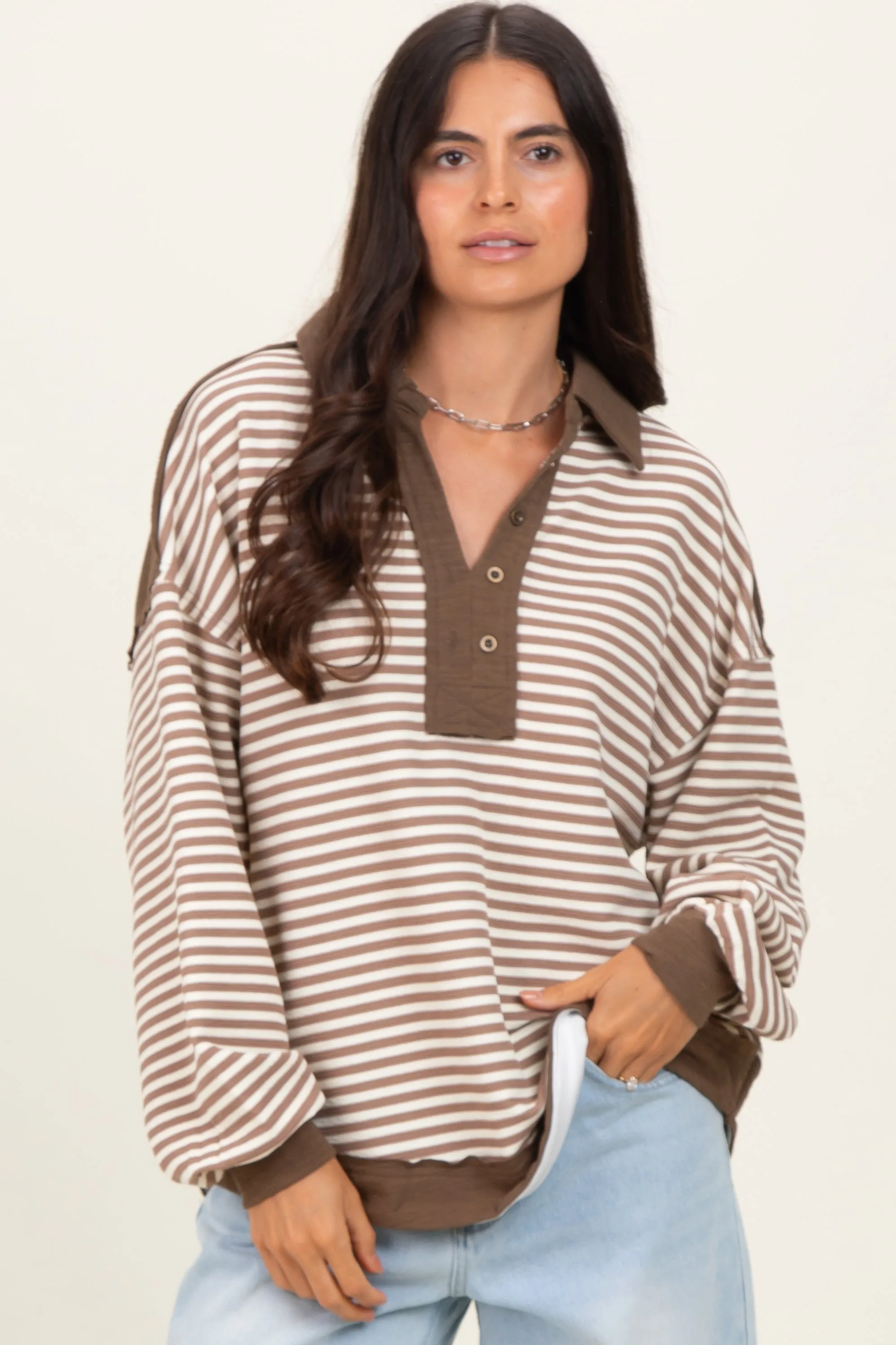 Mocha Striped Oversized Collared Pullover Top sold by Pinkblush product image thumbnail 4