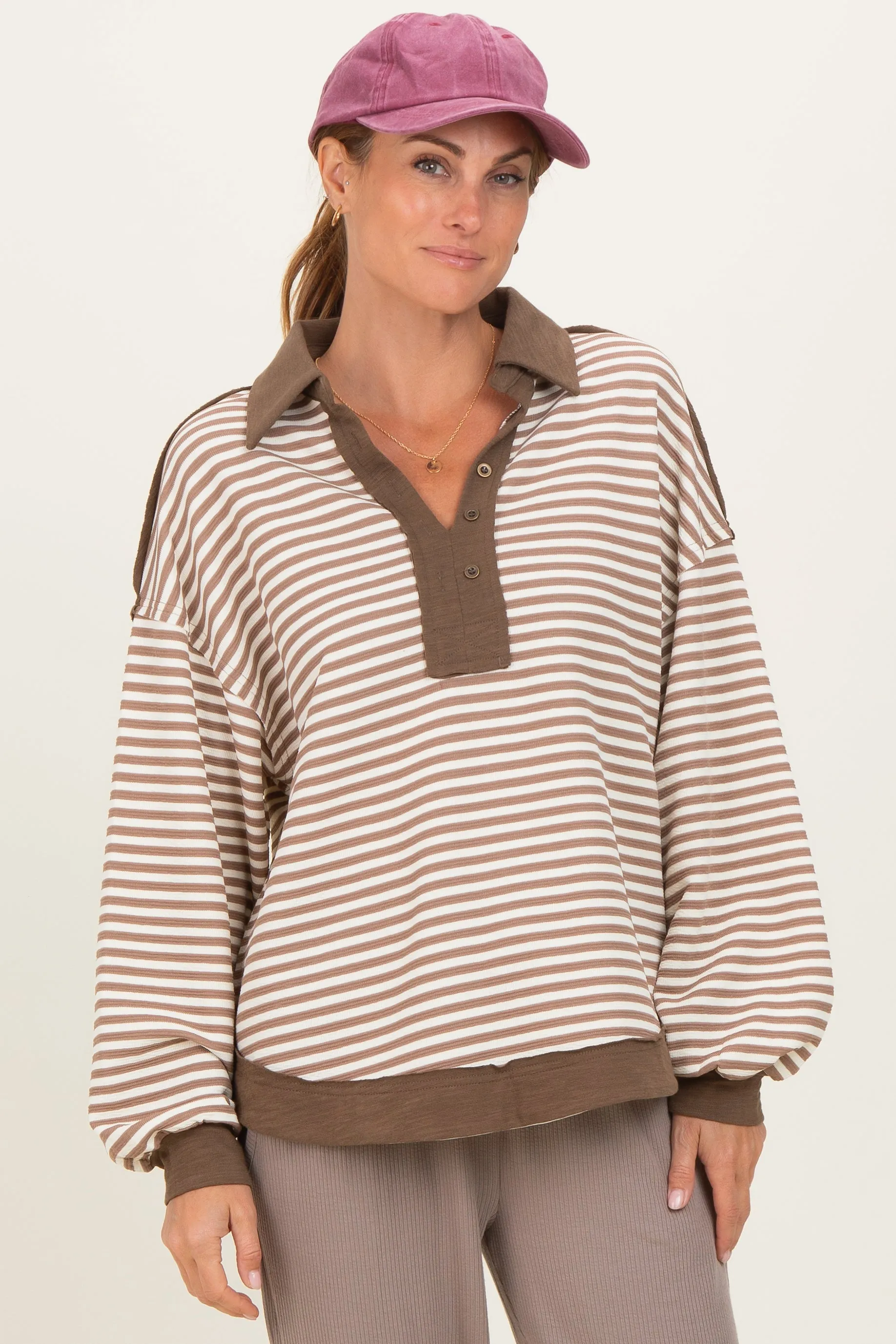 Mocha Striped Oversized Collared Pullover Top sold by Pinkblush