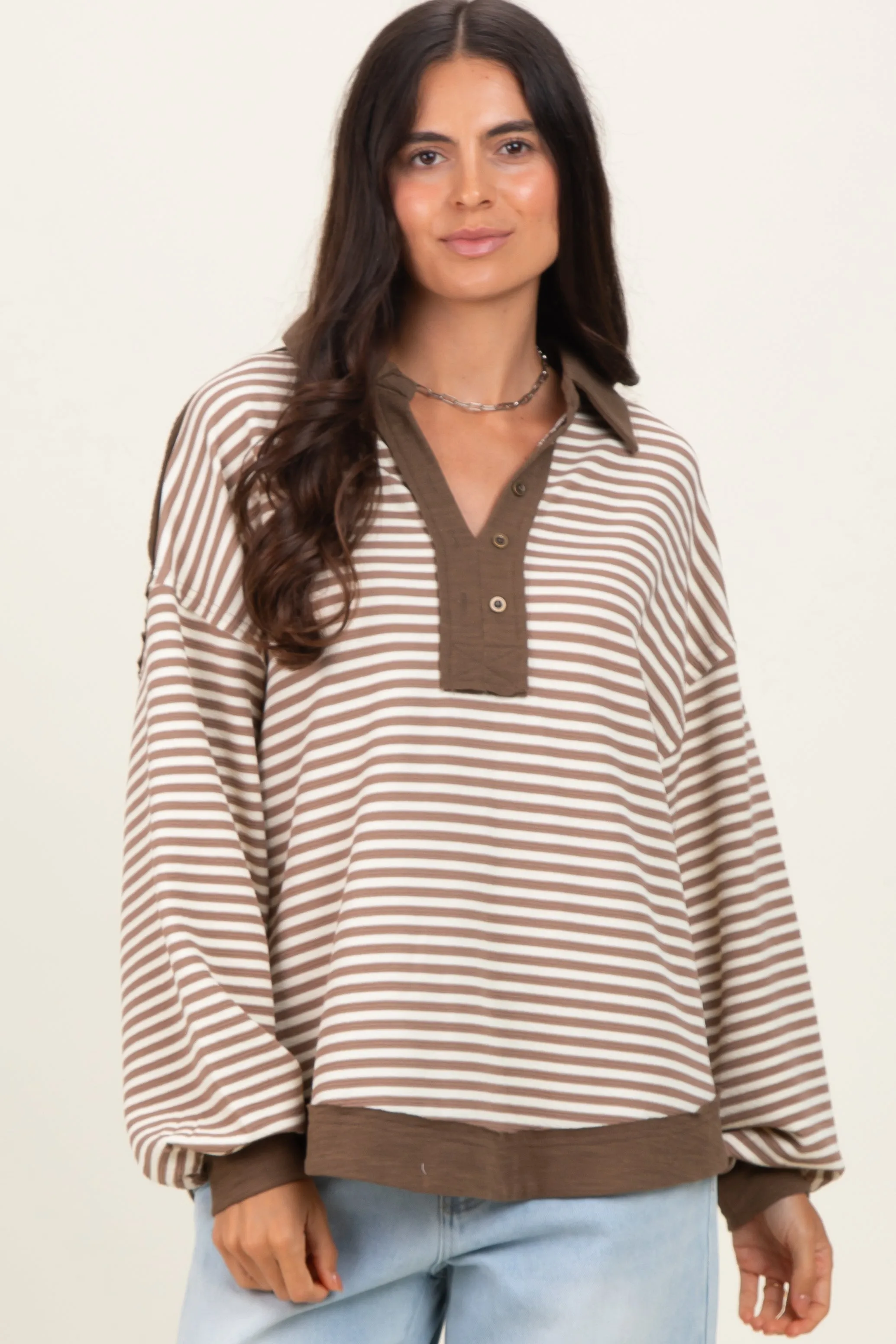 Mocha Striped Oversized Collared Pullover Top sold by Pinkblush product image thumbnail 2