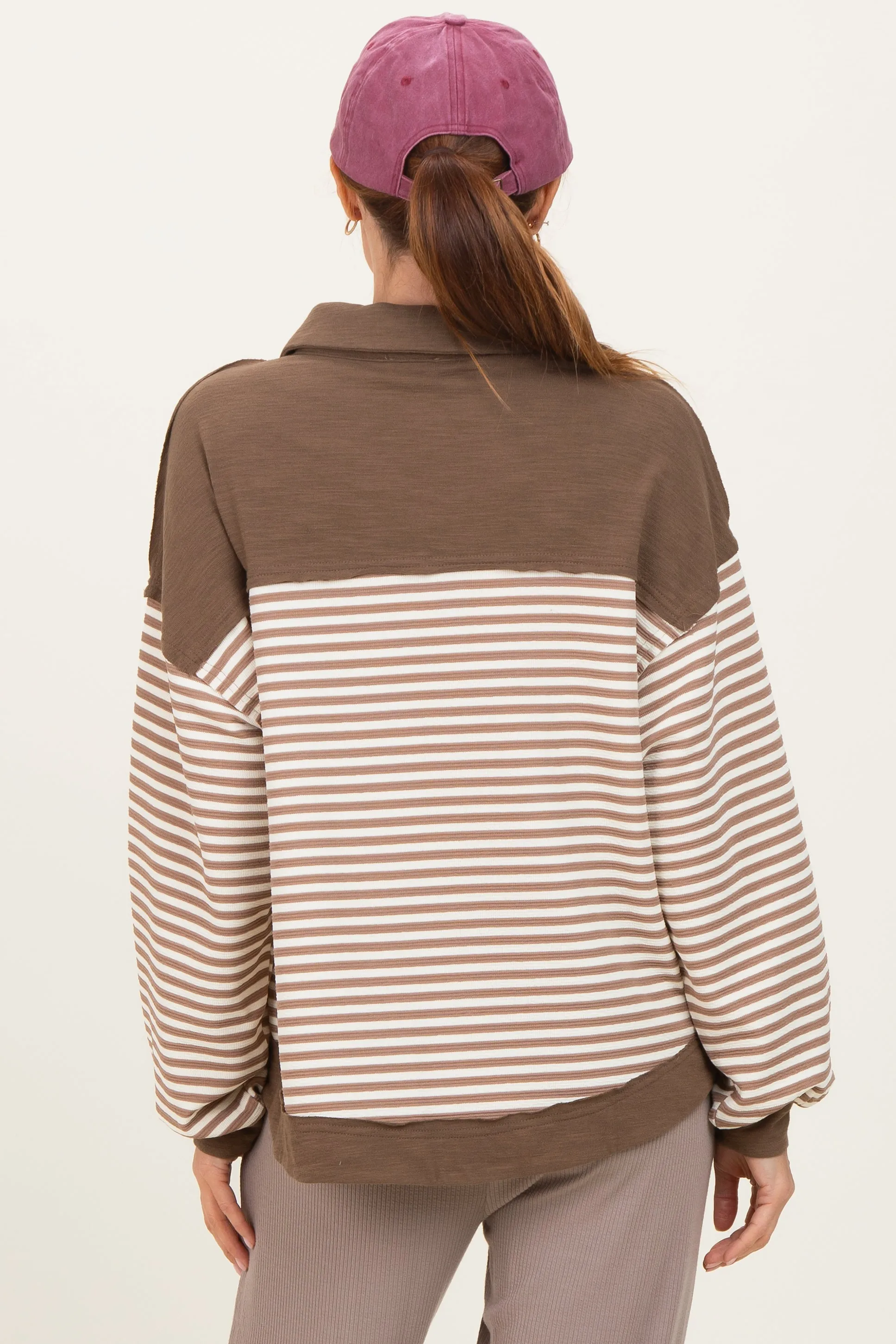 Mocha Striped Oversized Collared Pullover Top sold by Pinkblush product image thumbnail 3