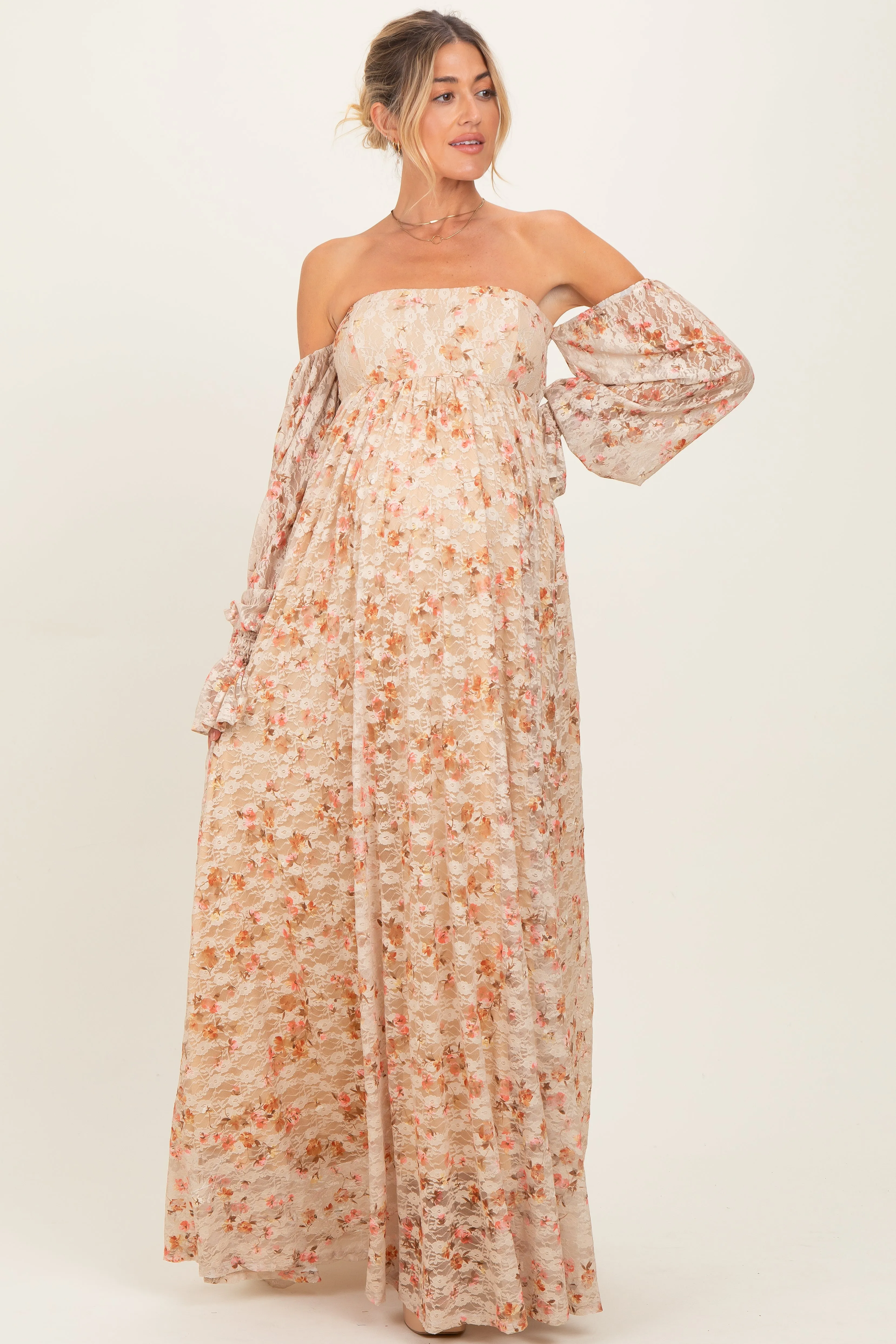 Multi Color Floral Lace Smocked Long Sleeve Off Shoulder Maternity Maxi Dress sold by Pinkblush product image thumbnail 2