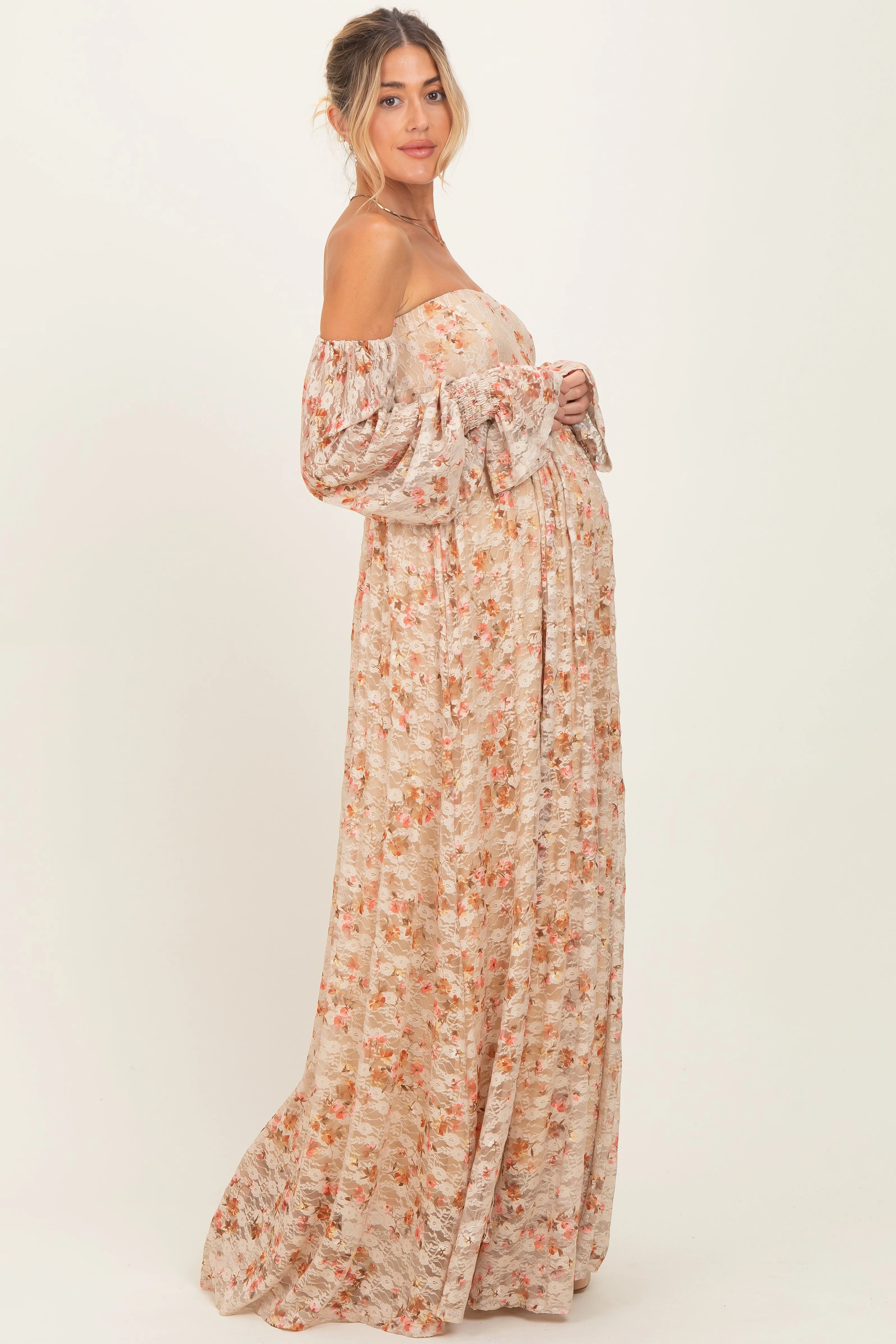Multi Color Floral Lace Smocked Long Sleeve Off Shoulder Maternity Maxi Dress sold by Pinkblush product image thumbnail 3