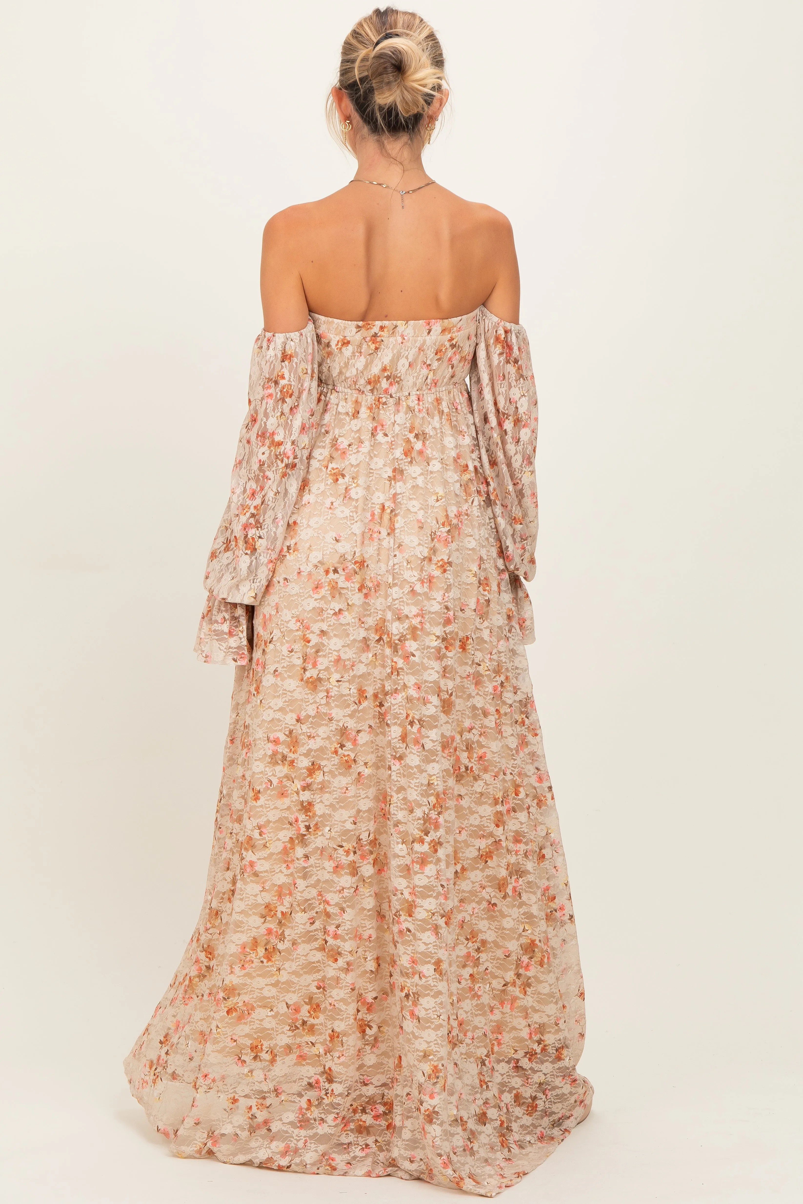 Multi Color Floral Lace Smocked Long Sleeve Off Shoulder Maternity Maxi Dress sold by Pinkblush product image thumbnail 4