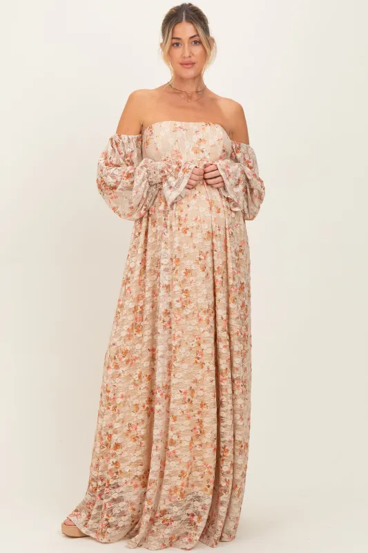 Multi Color Floral Lace Smocked Long Sleeve Off Shoulder Maternity Maxi Dress sold by Pinkblush