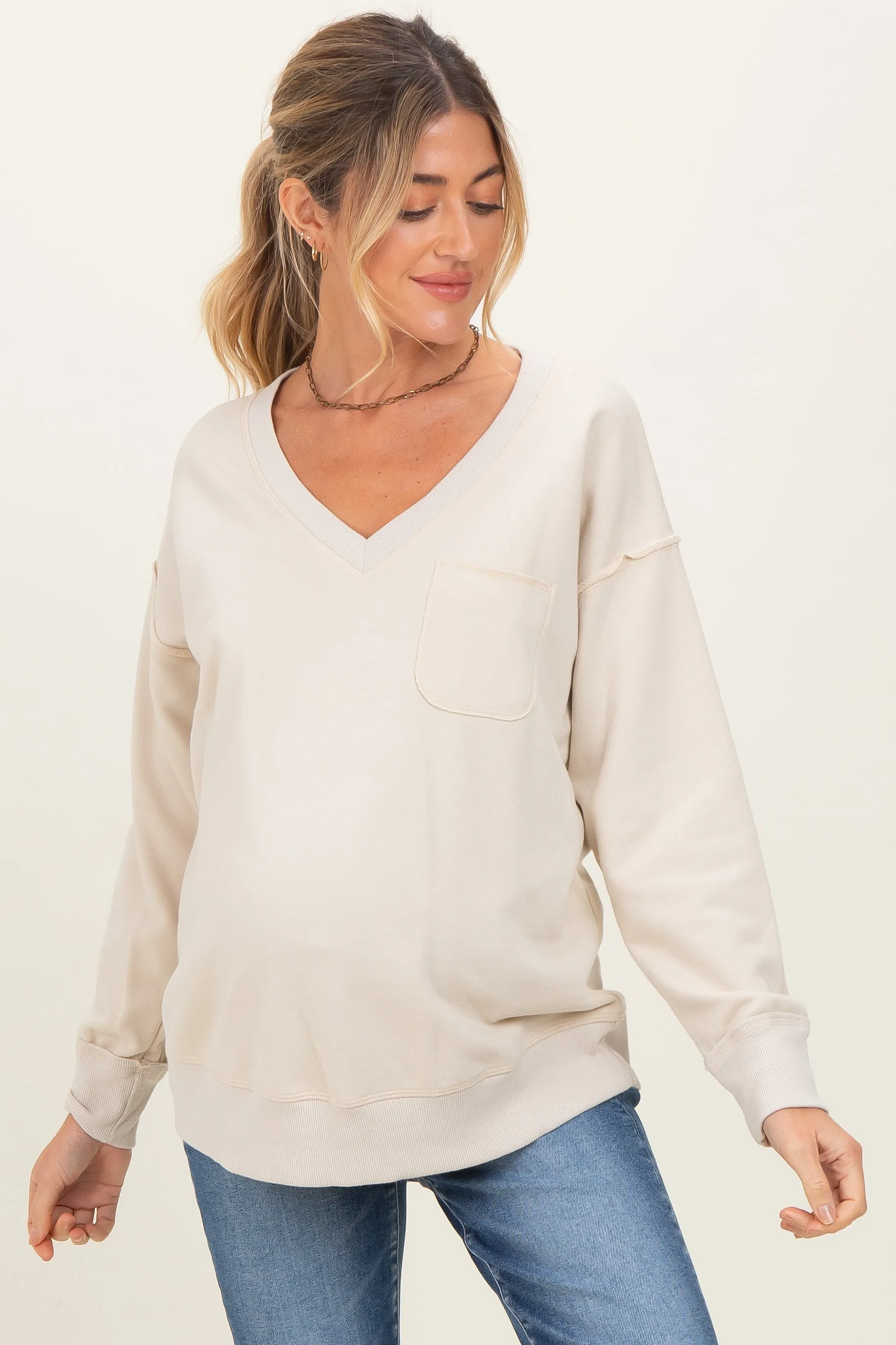 Beige V-Neck Long Sleeve Maternity Pullover Top sold by Pinkblush