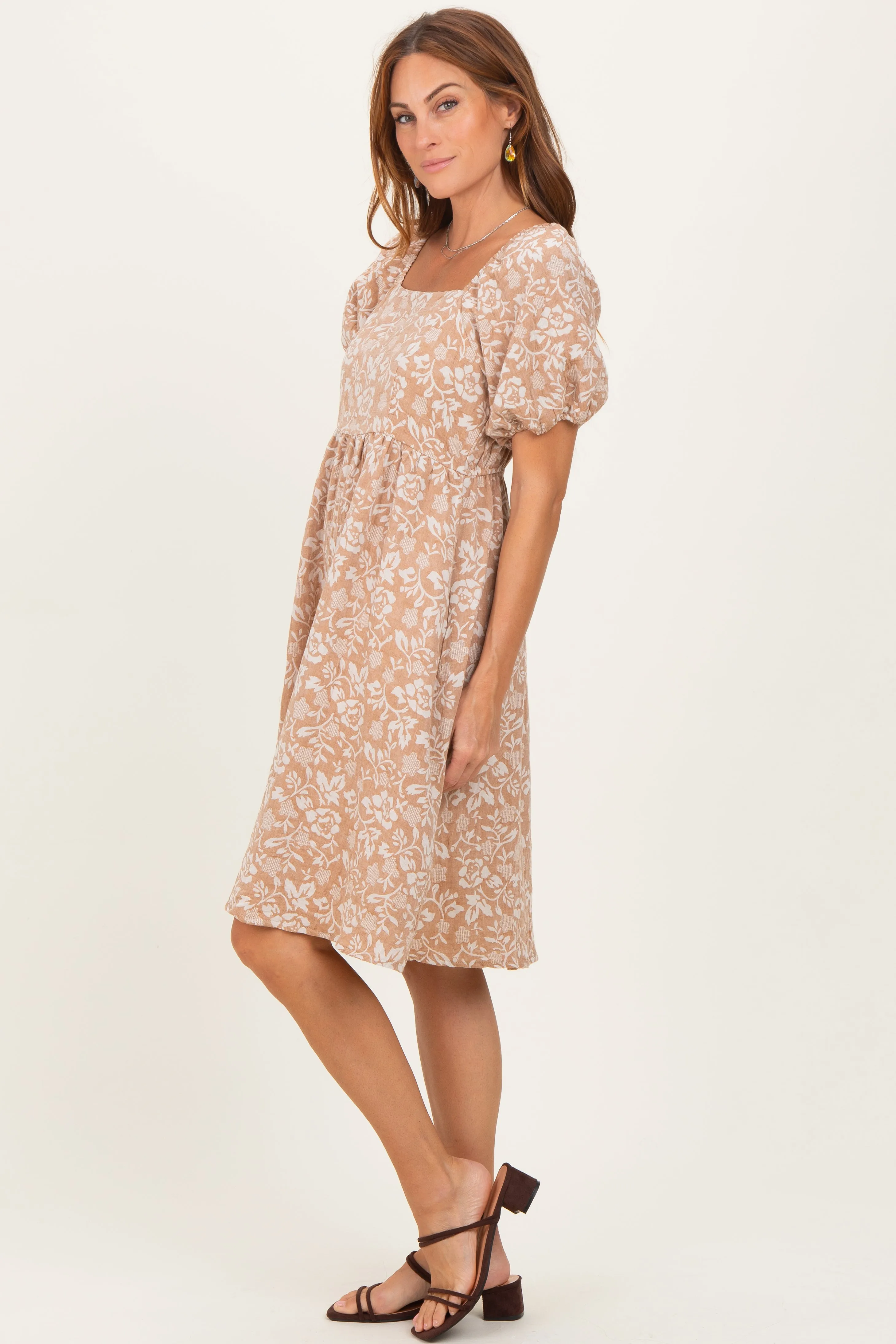 Taupe Floral Jacquard Square Neck Dress sold by Pinkblush product image thumbnail 3