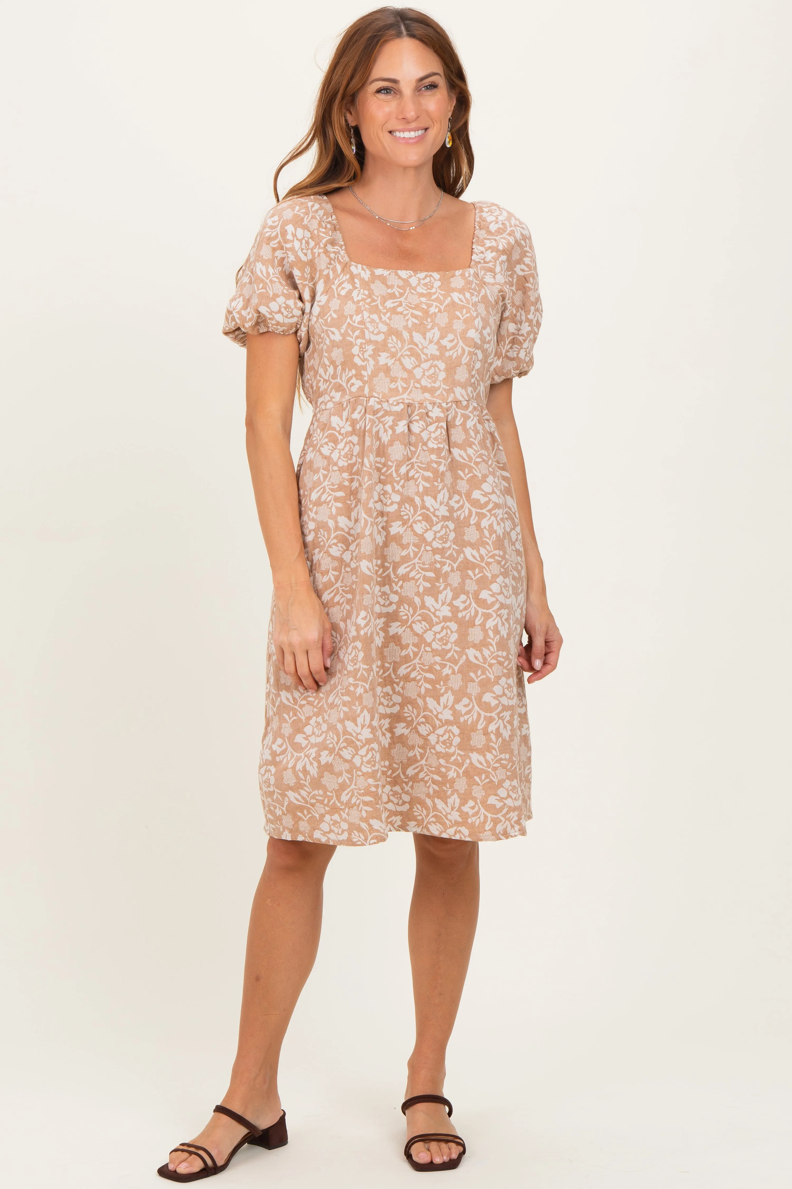 Taupe Floral Jacquard Square Neck Dress sold by Pinkblush