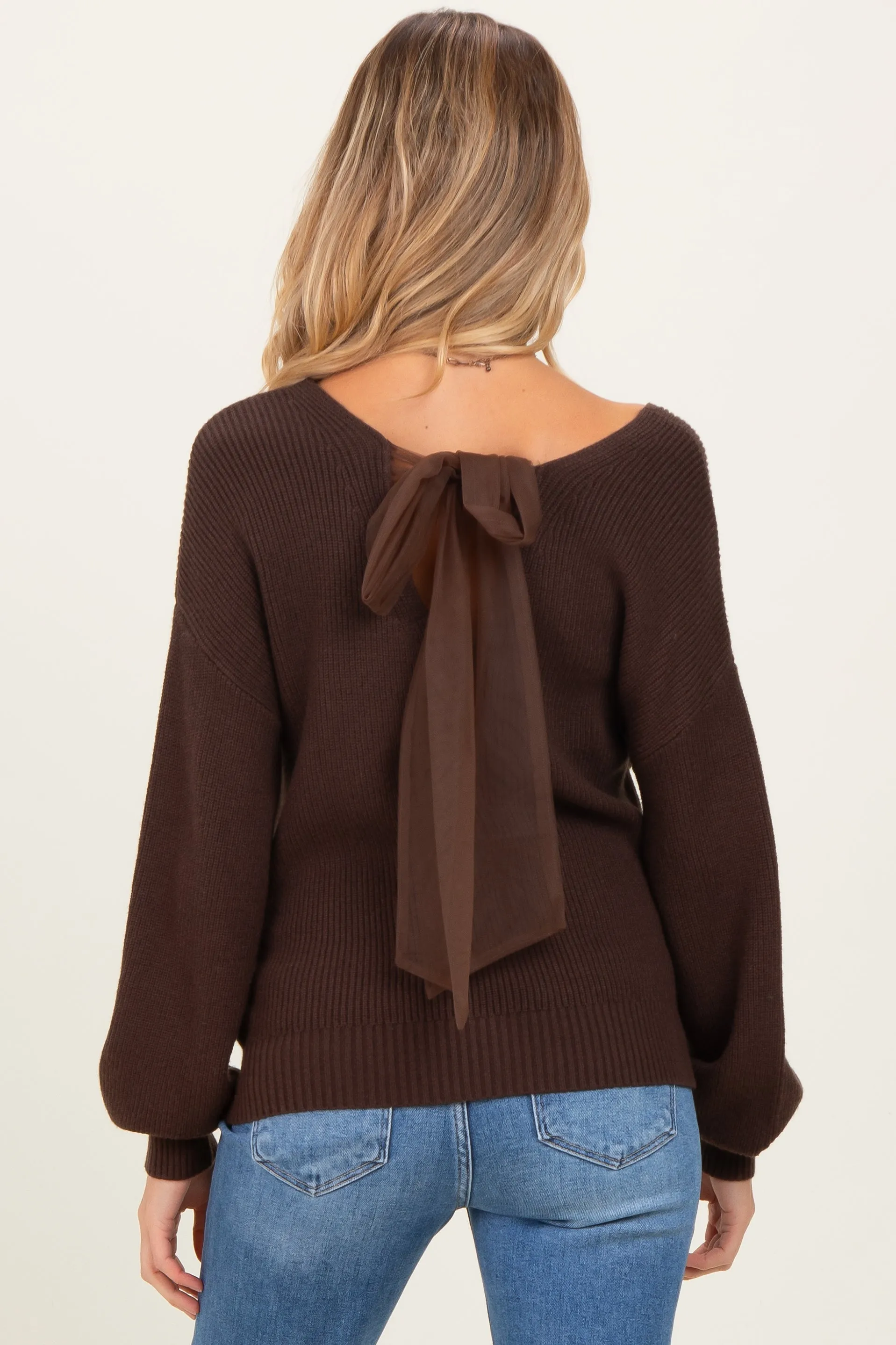 Brown V-Neck Drop Shoulder Back Bow Tie Detail Maternity Sweater sold by Pinkblush product image thumbnail 2