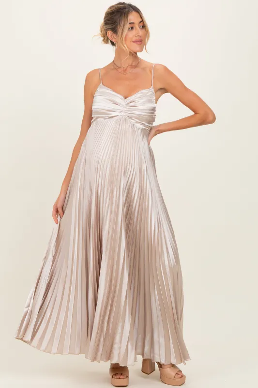 Beige Pleated Satin Sleeveless Maternity Maxi Dress sold by Pinkblush