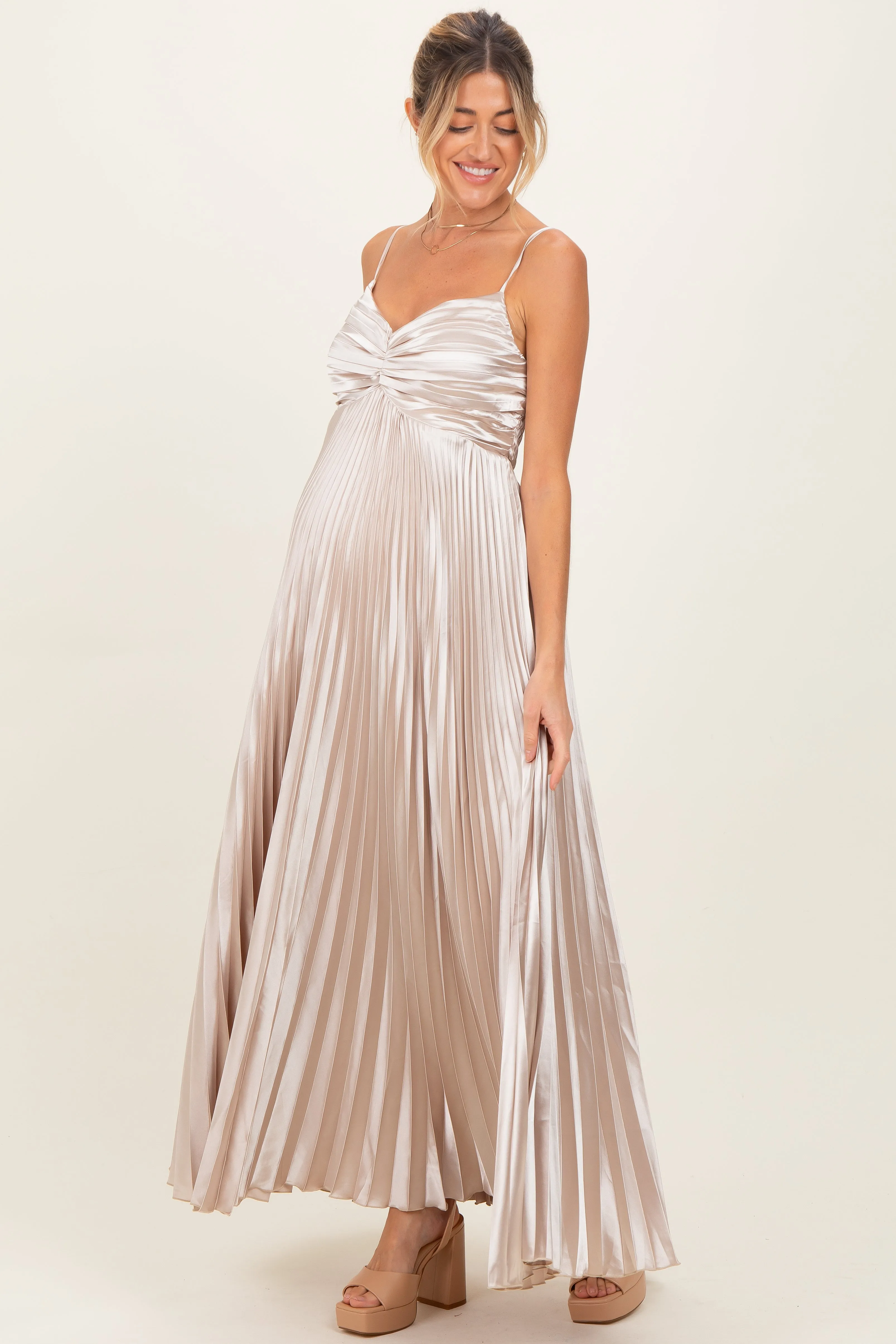 Beige Pleated Satin Sleeveless Maternity Maxi Dress sold by Pinkblush product image thumbnail 2