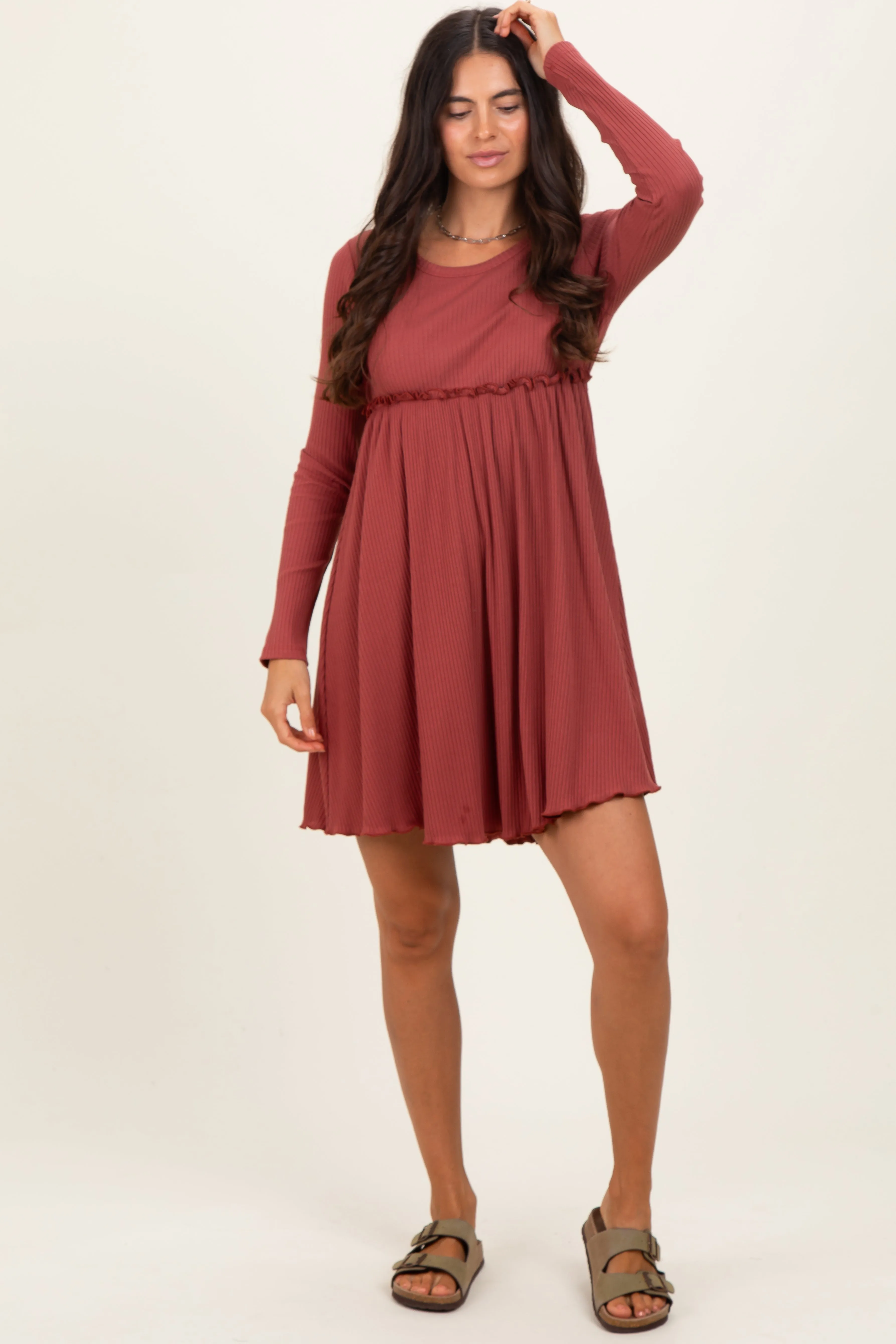 Rust Solid Ribbed Long Sleeve Crewneck Shirring Mini Dress sold by Pinkblush product image thumbnail 2