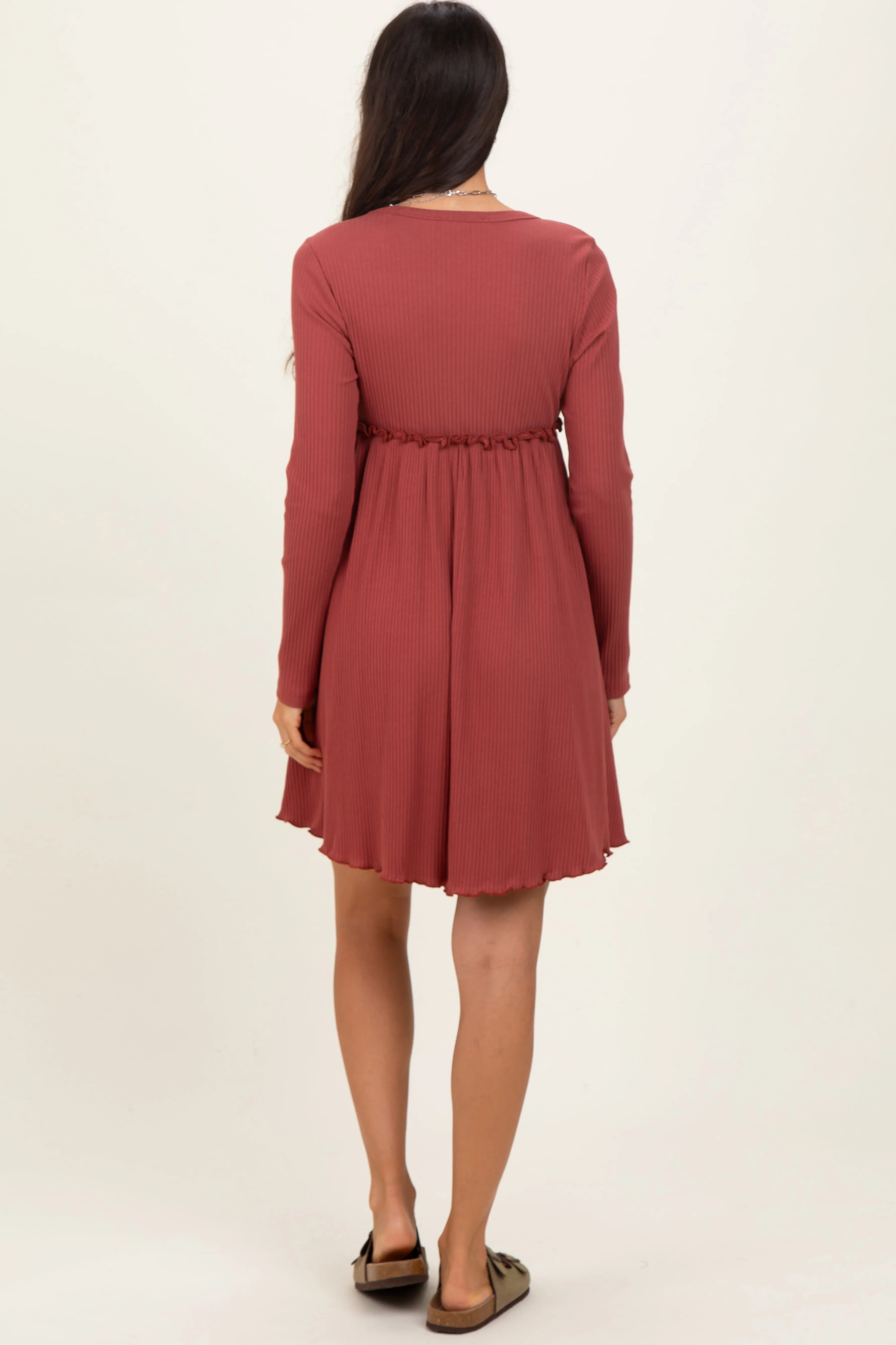Rust Solid Ribbed Long Sleeve Crewneck Shirring Mini Dress sold by Pinkblush product image thumbnail 4