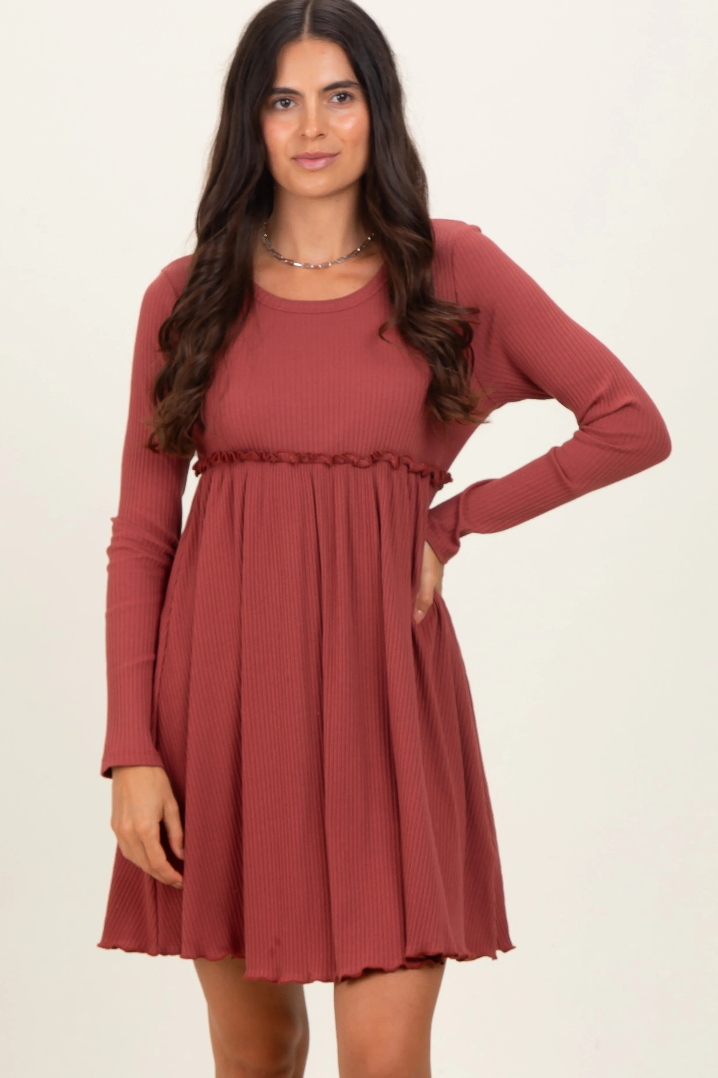 Rust Solid Ribbed Long Sleeve Crewneck Shirring Mini Dress sold by Pinkblush