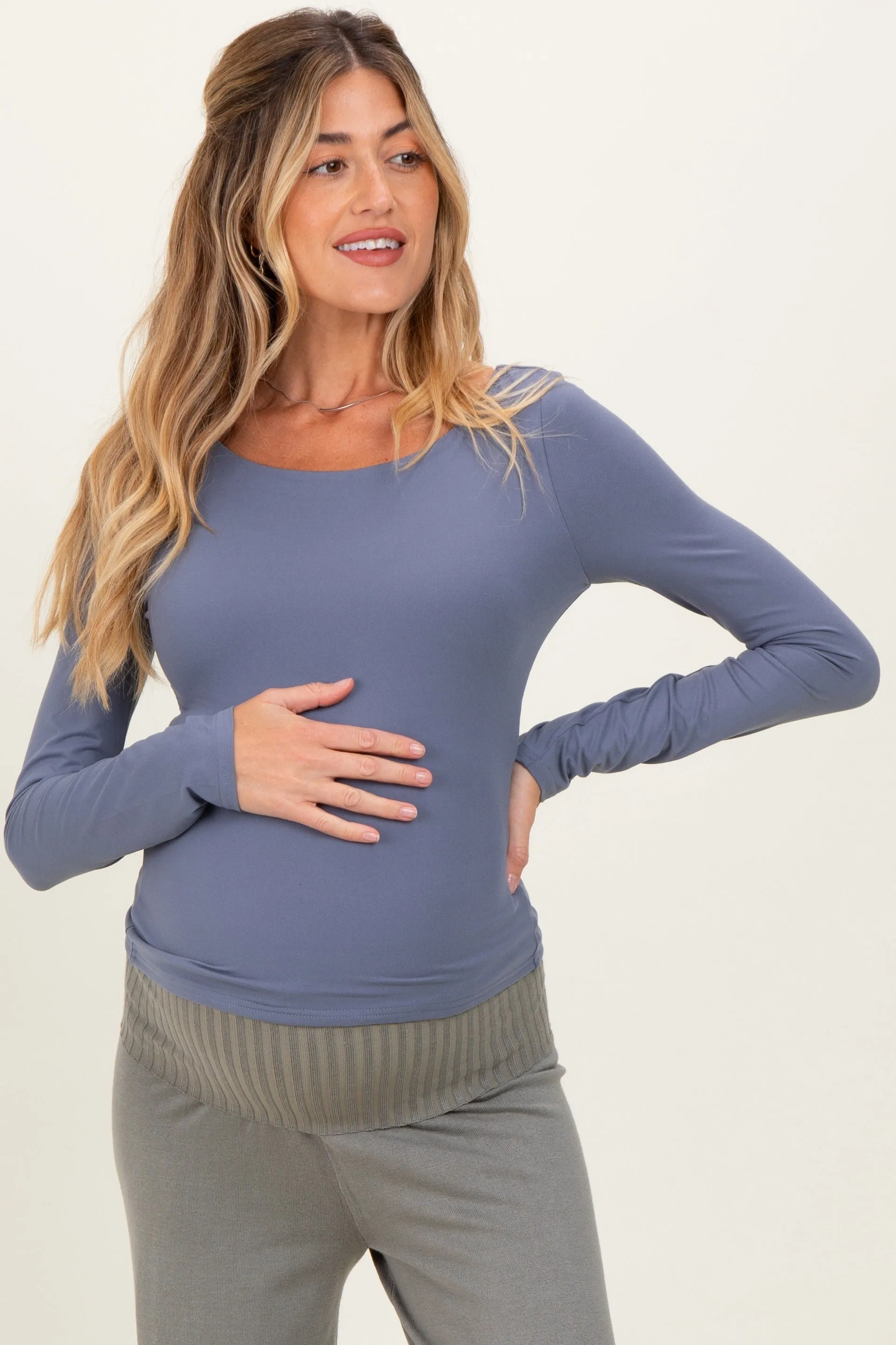 Blue Scoop Neck Long Sleeve Maternity Top sold by Pinkblush