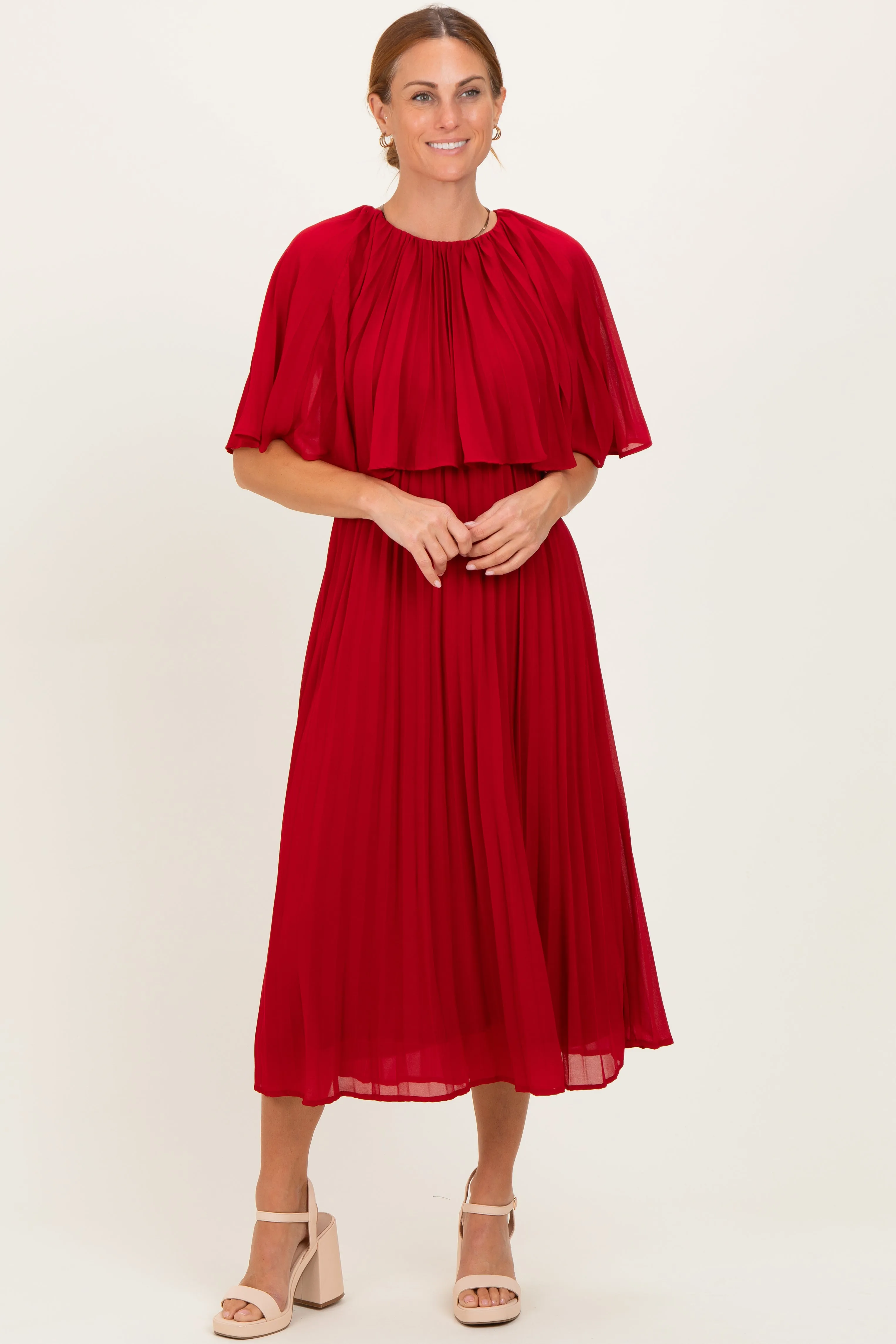 Burgundy Pleated Cape Midi Dress sold by Pinkblush product image thumbnail 2