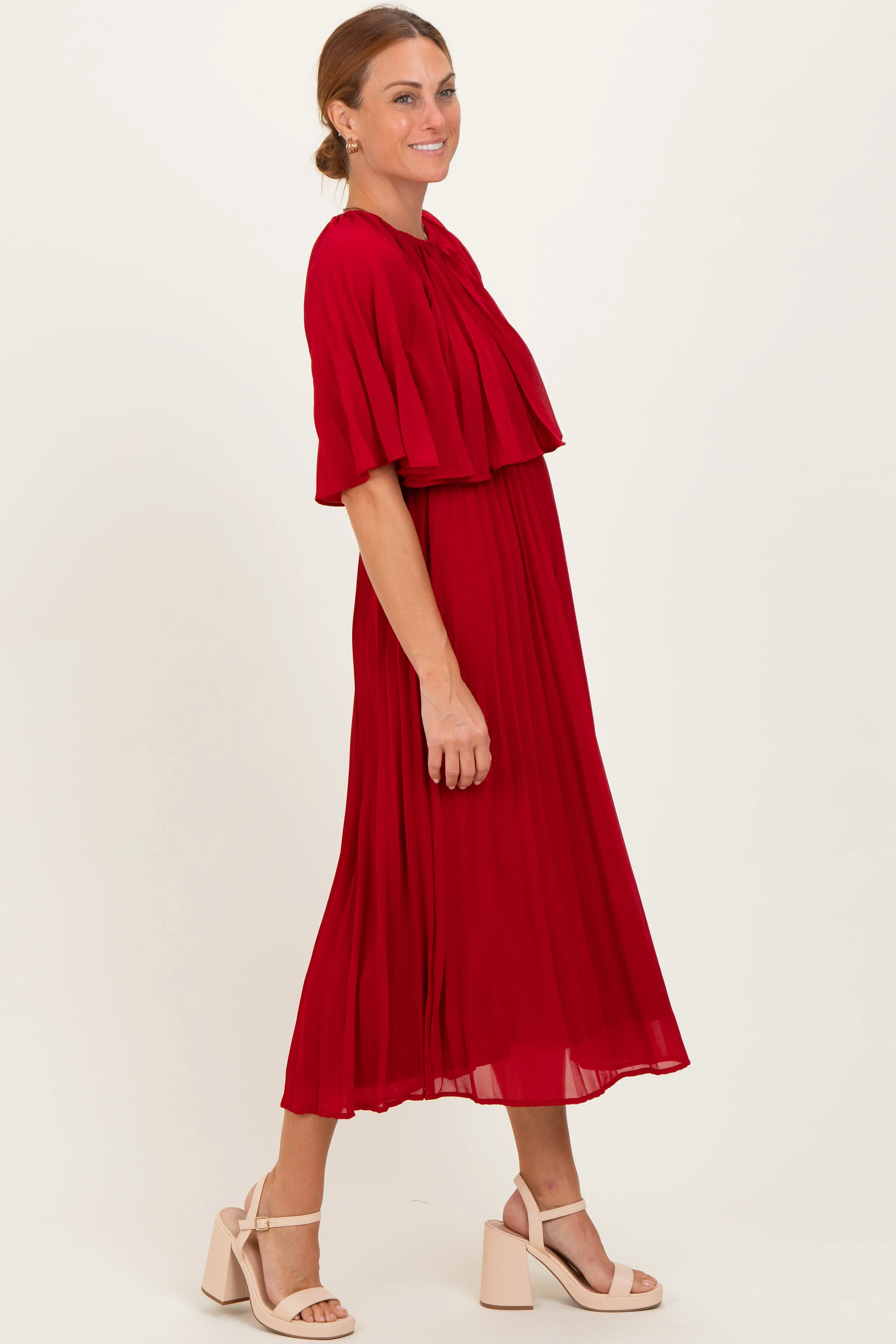 Burgundy Pleated Cape Midi Dress sold by Pinkblush product image thumbnail 3