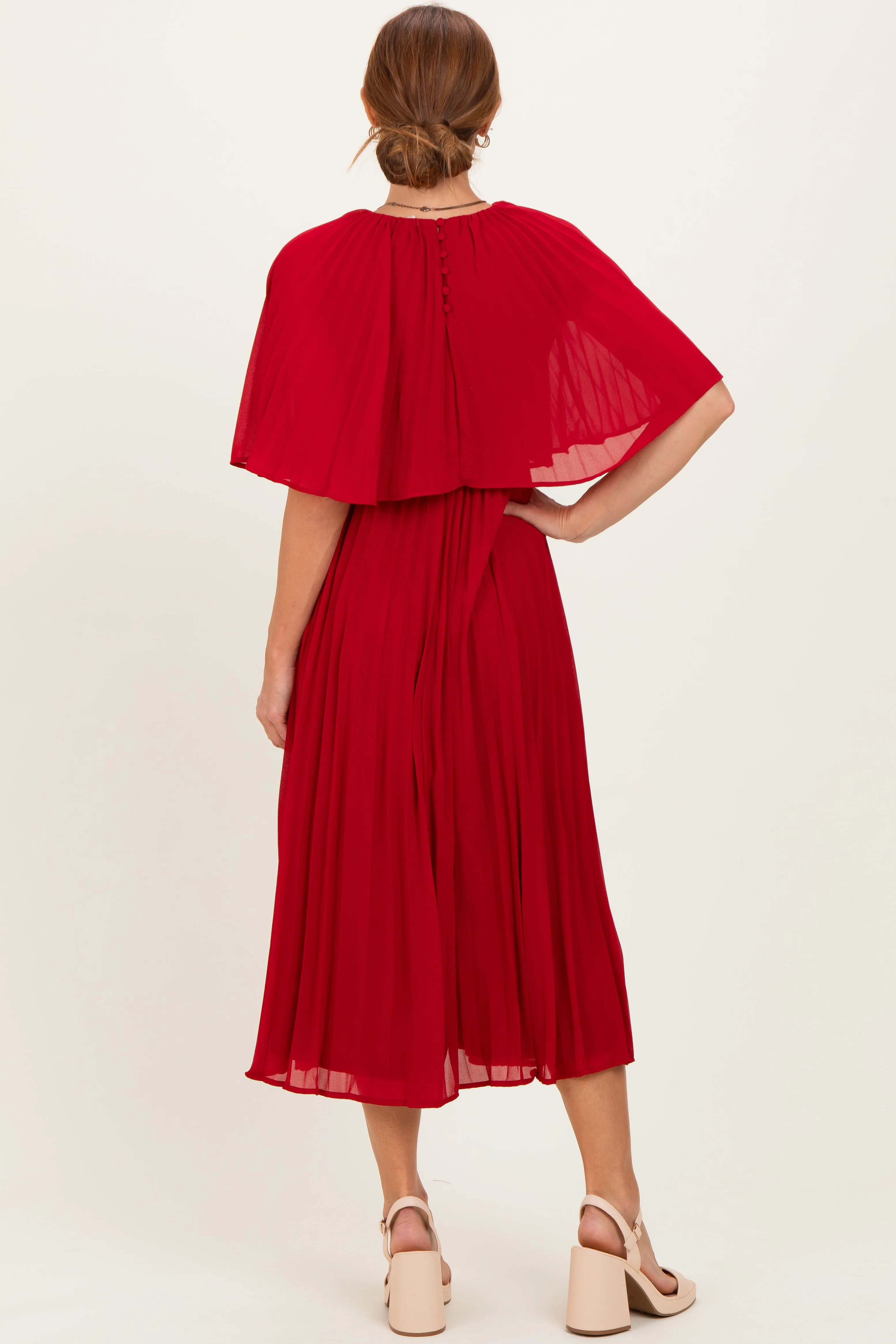 Burgundy Pleated Cape Midi Dress sold by Pinkblush product image thumbnail 4