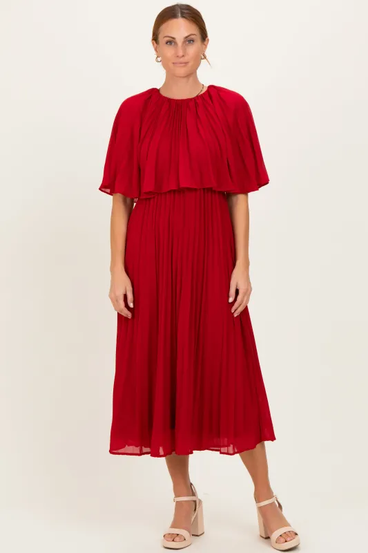 Burgundy Pleated Cape Midi Dress sold by Pinkblush