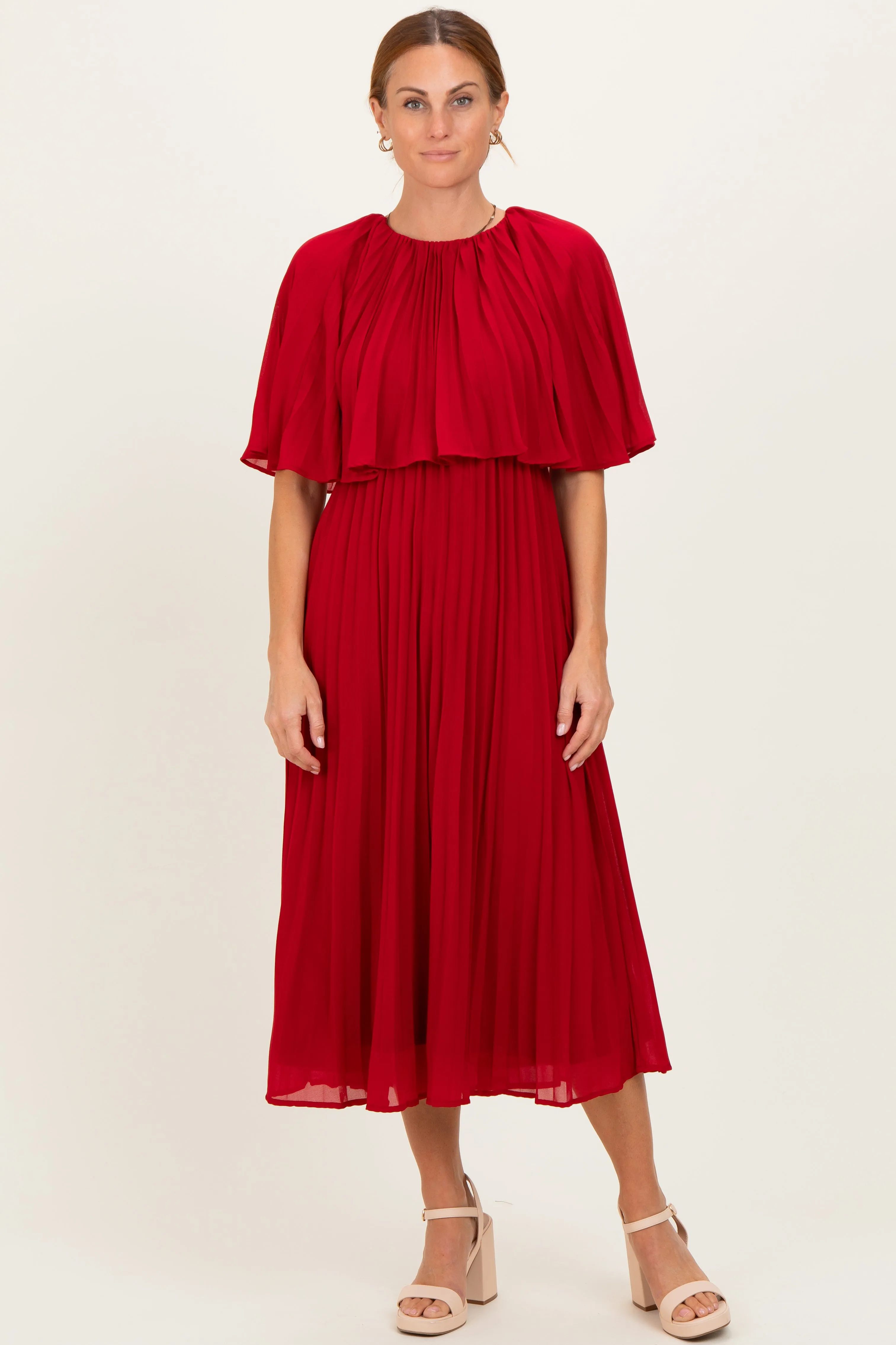 Burgundy Pleated Cape Midi Dress sold by Pinkblush
