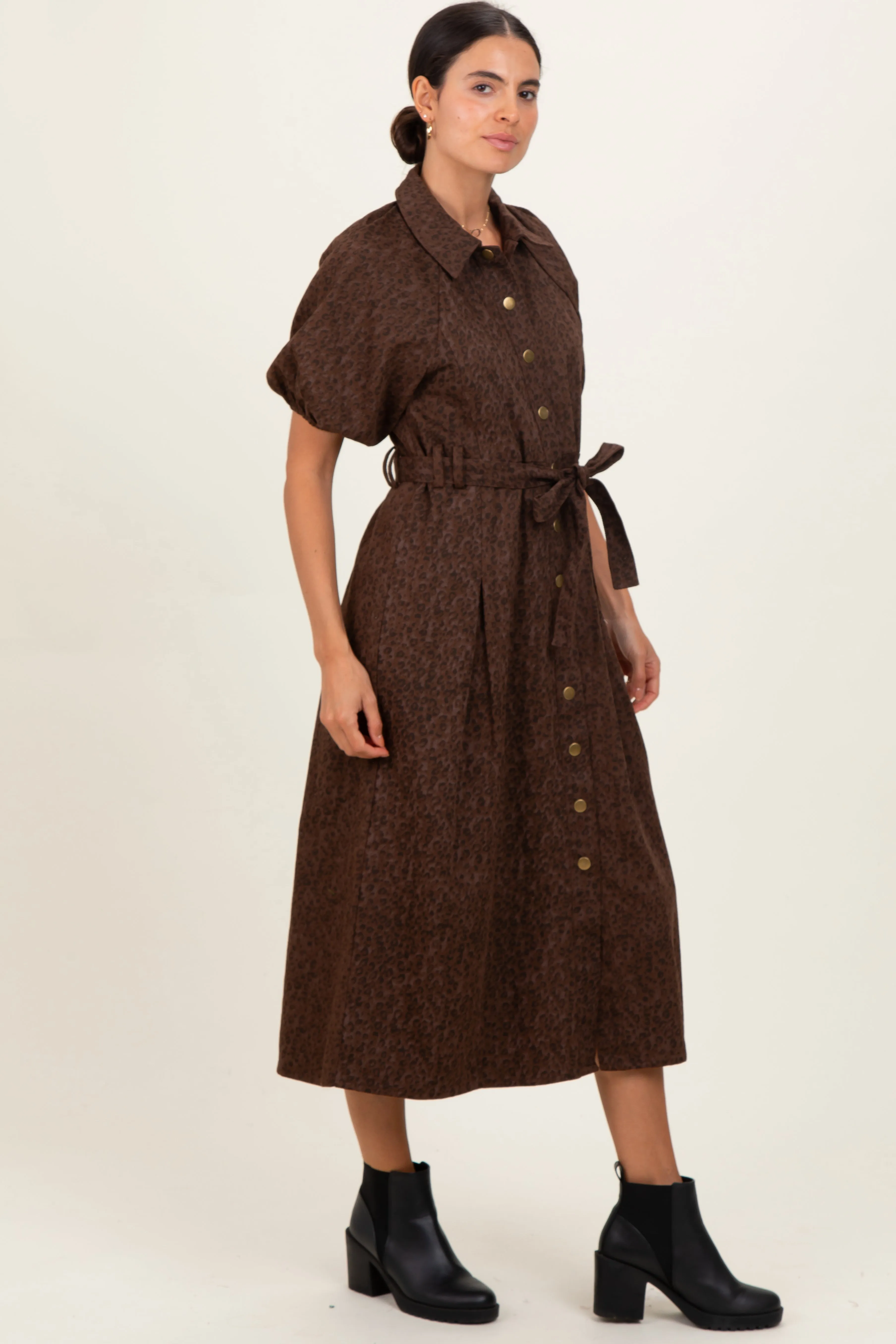 Brown Floral Button Front Waist Tie Midi Dress sold by Pinkblush product image thumbnail 3