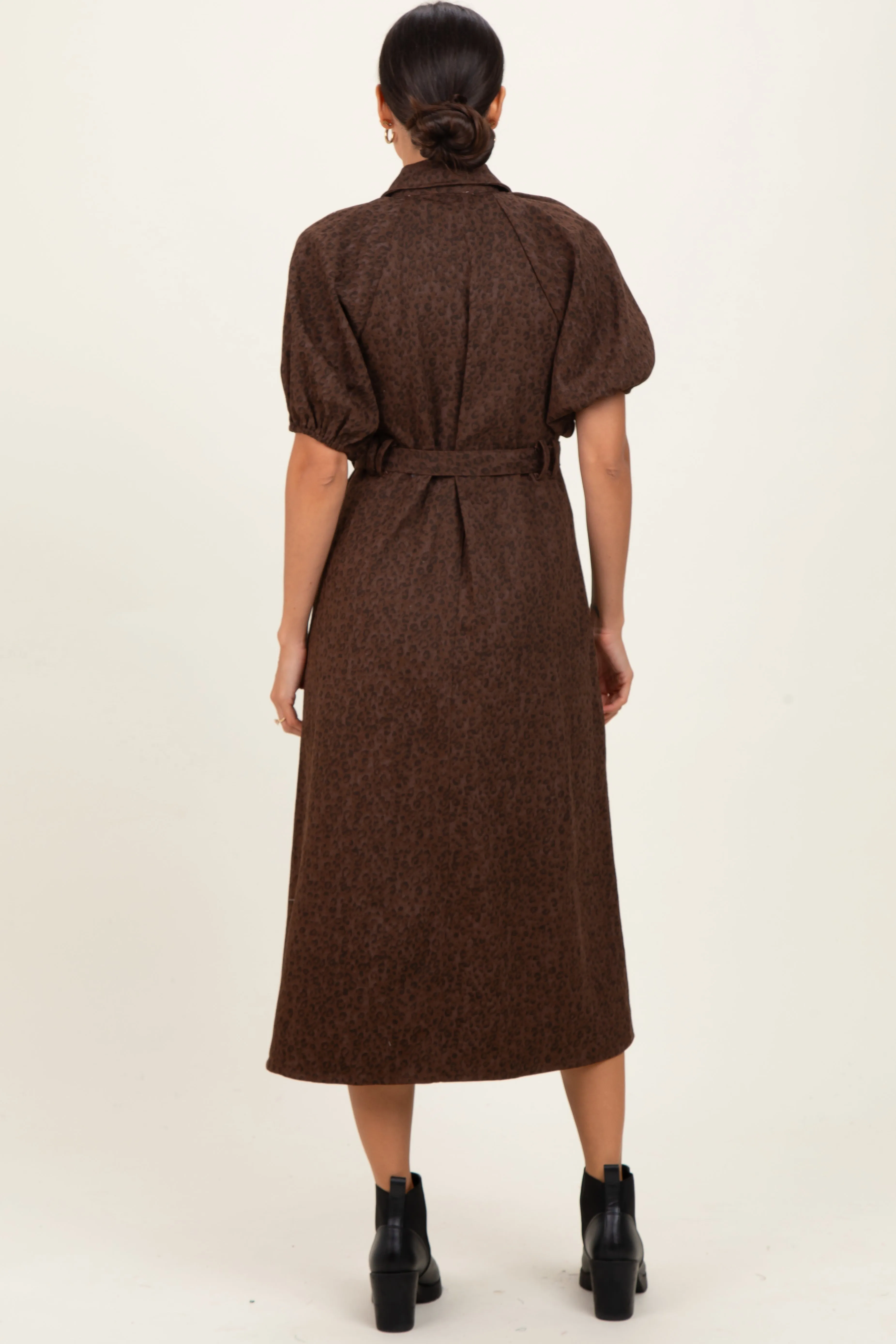 Brown Floral Button Front Waist Tie Midi Dress sold by Pinkblush product image thumbnail 4