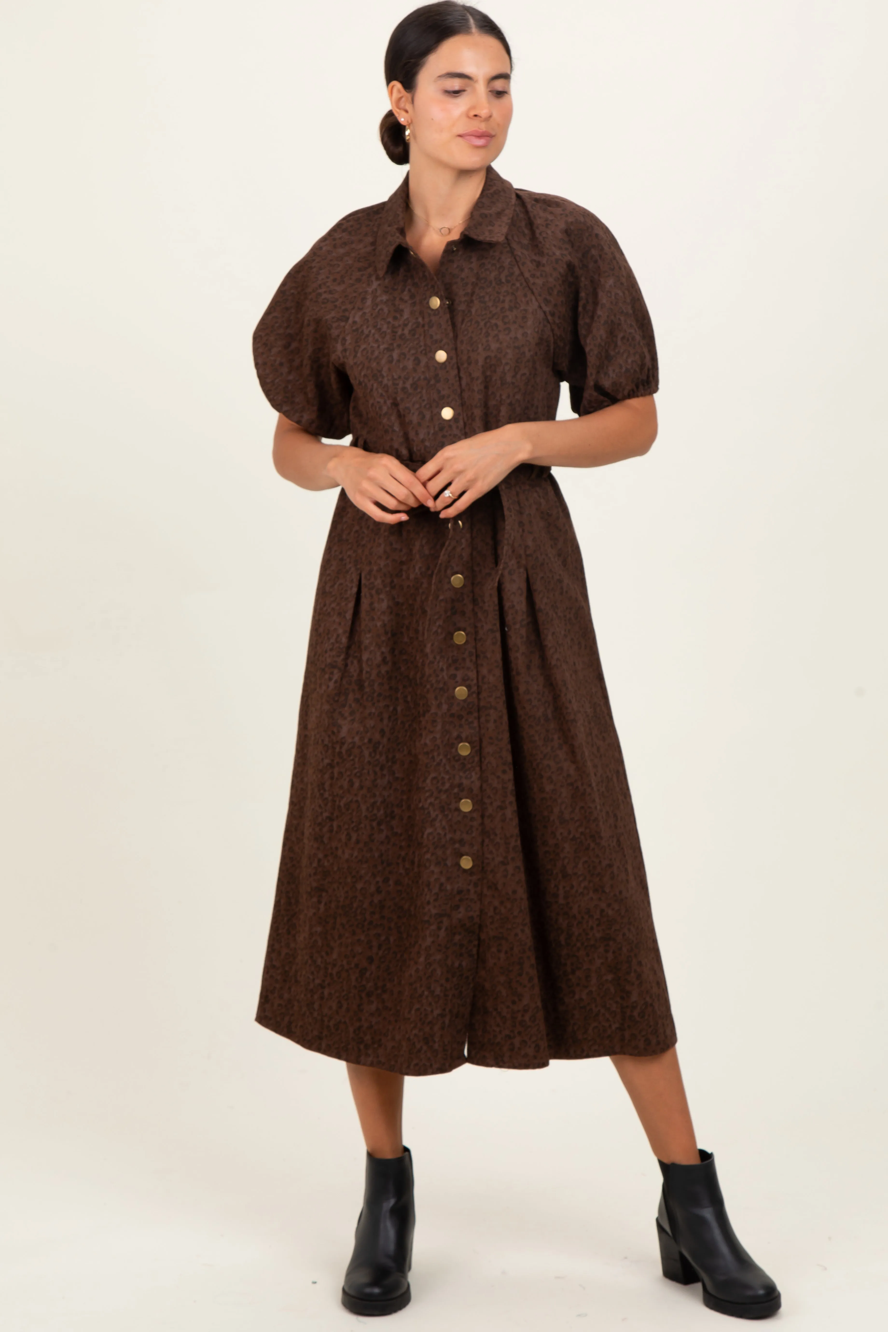 Brown Floral Button Front Waist Tie Midi Dress sold by Pinkblush
