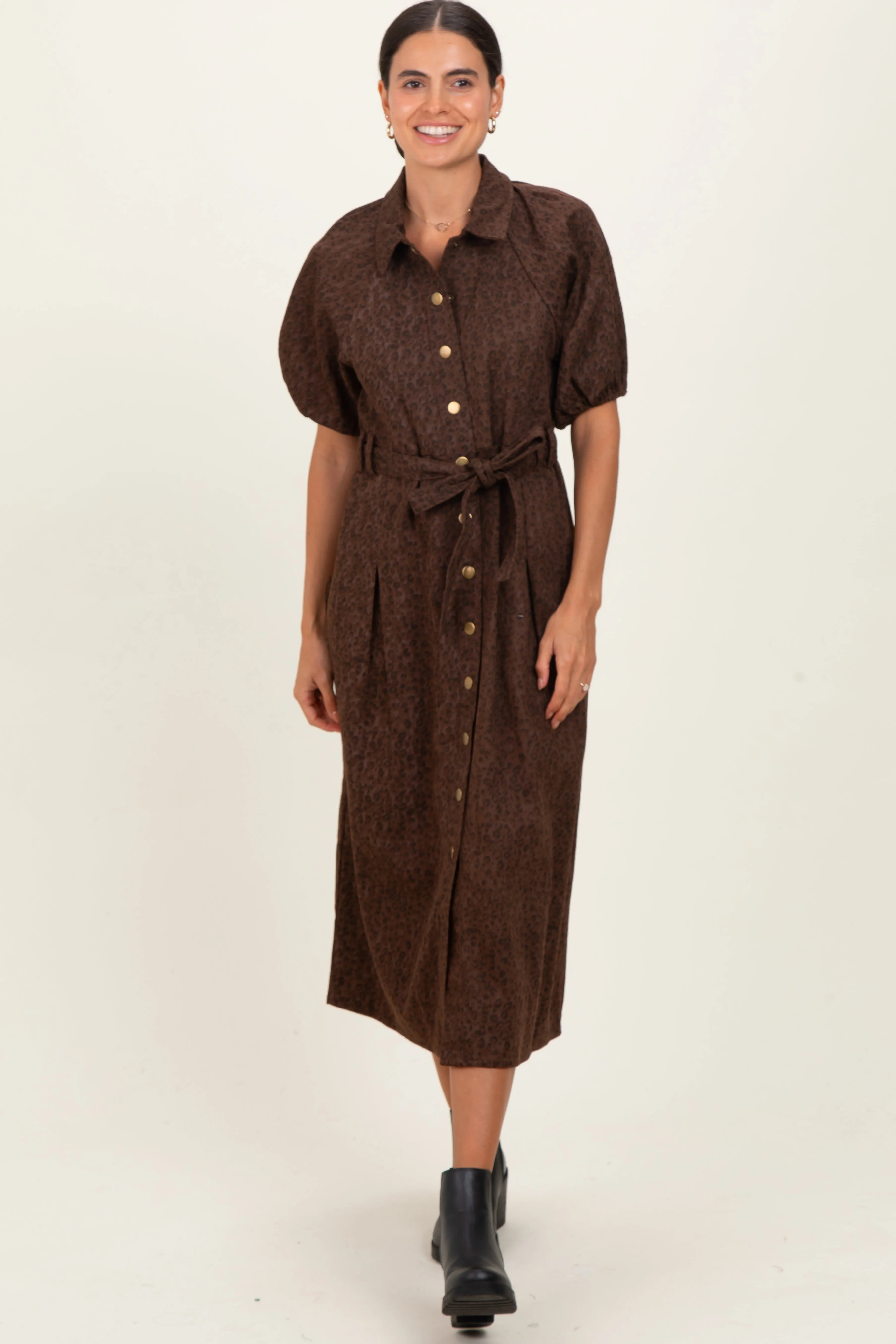 Brown Floral Button Front Waist Tie Midi Dress sold by Pinkblush product image thumbnail 2
