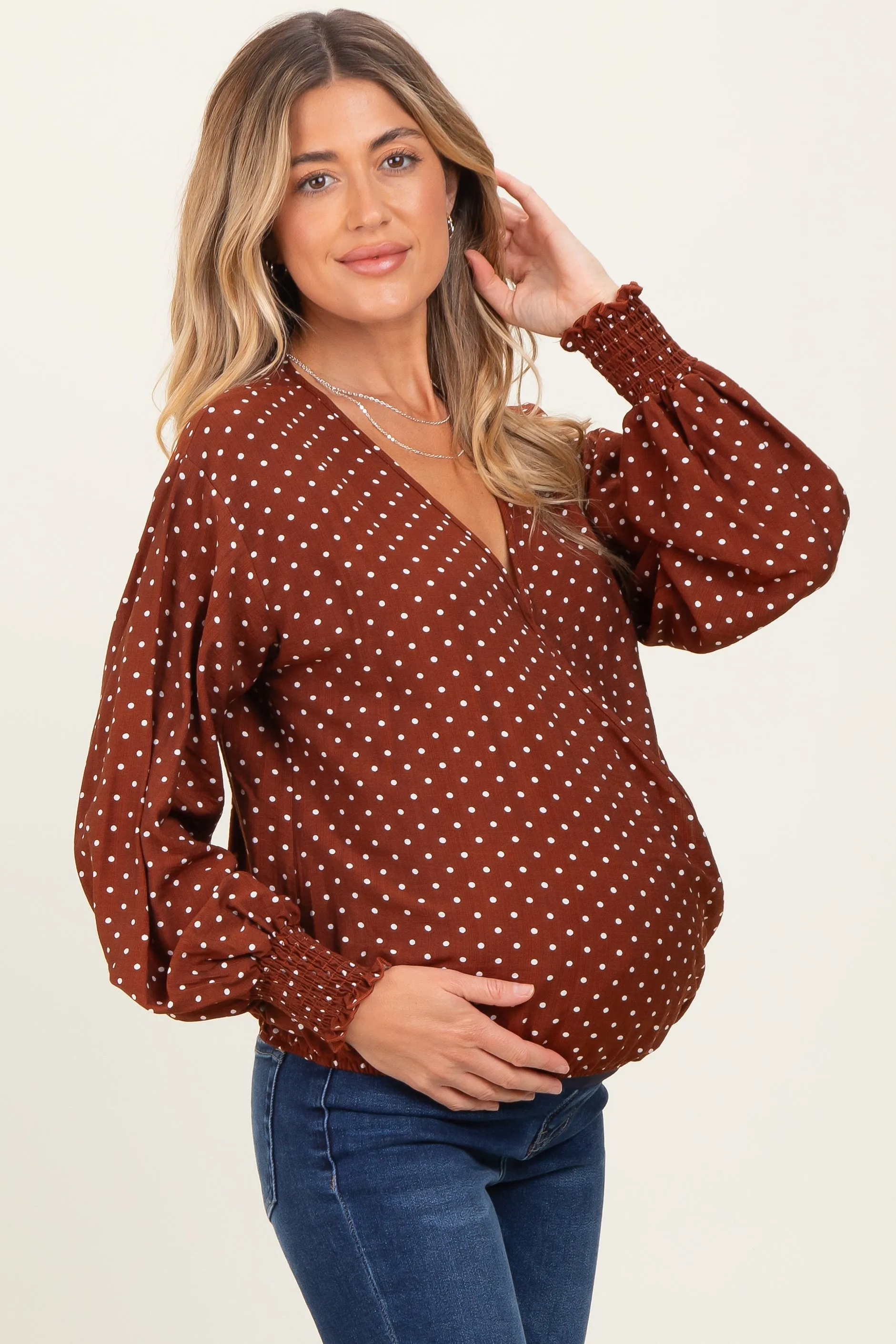 Brown Polka Dot Long Sleeve Smocked Maternity Top sold by Pinkblush product image thumbnail 4
