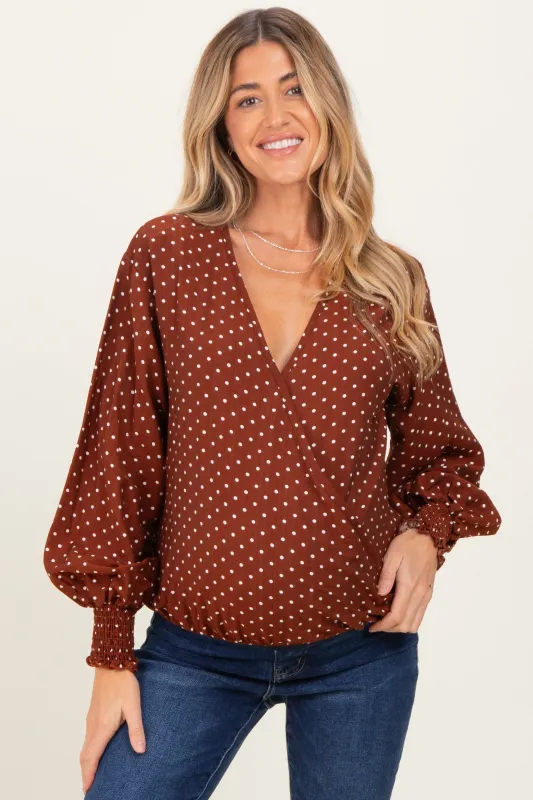 Brown Polka Dot Long Sleeve Smocked Maternity Top sold by Pinkblush